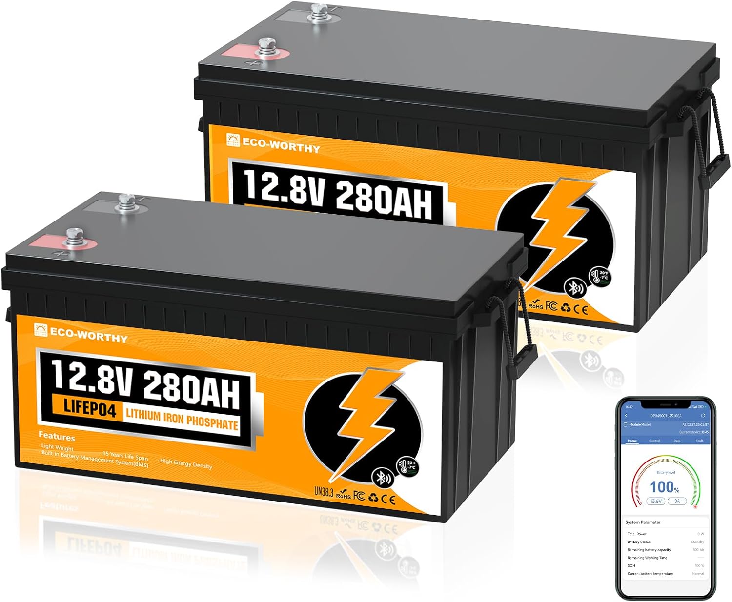 ECO-WORTHY 12V 280Ah 2 Pack LiFePO4 Lithium Battery with Bluetooth, Low Temp Protection, Built-in 20 - B0CKT2J3M9
