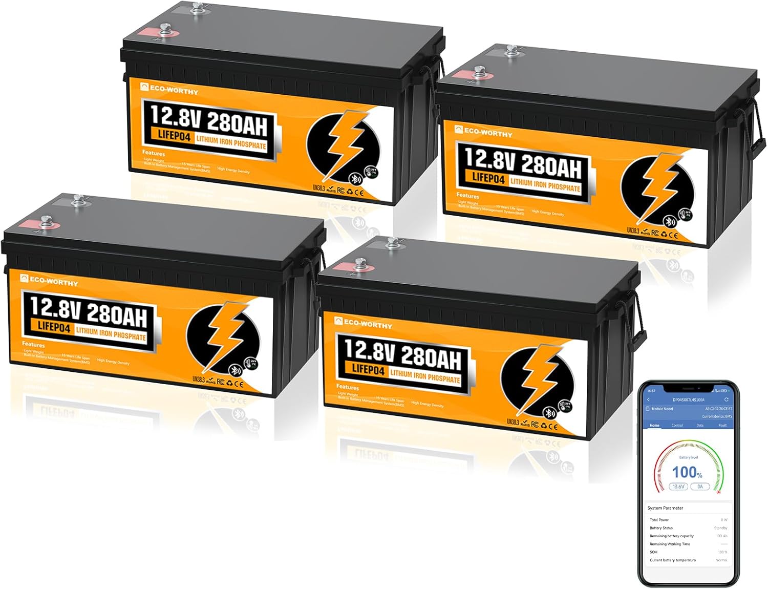 ECO-WORTHY 48V 280Ah (4 Packs) LiFePO4 Lithium Battery with Bluetooth, Low-Temp Protection, 6000+ De - B0CPHWGJGS
