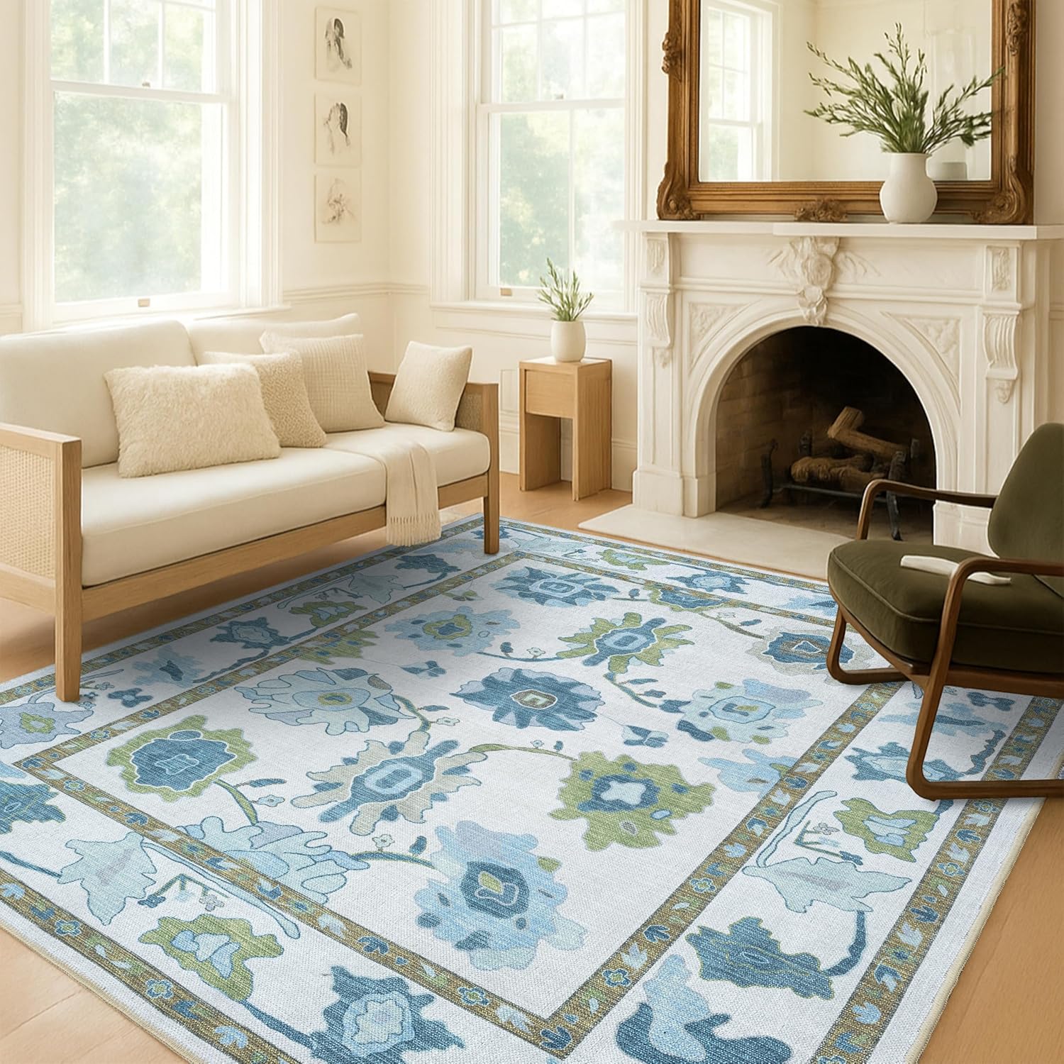 Fame Living Green Oushak Rug, Modern, Vintage, Turkish, Eclectic, Floral, Pastel, Washable, Large Ar - B0CF5TR94Q