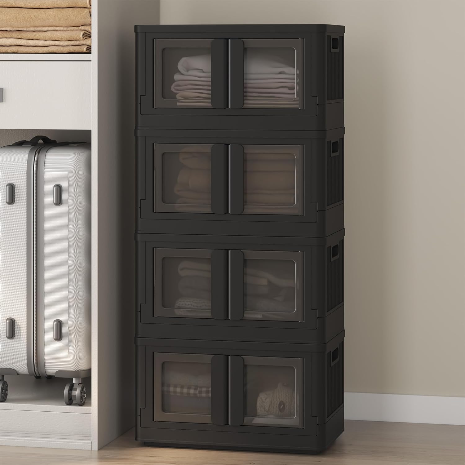 FLEXIMOUNTS Stackable Storage Bins With Lids, Collapsible Plastic Storage Bins, 150 QT-4 Pack Closet - B0D8PV9ZK5