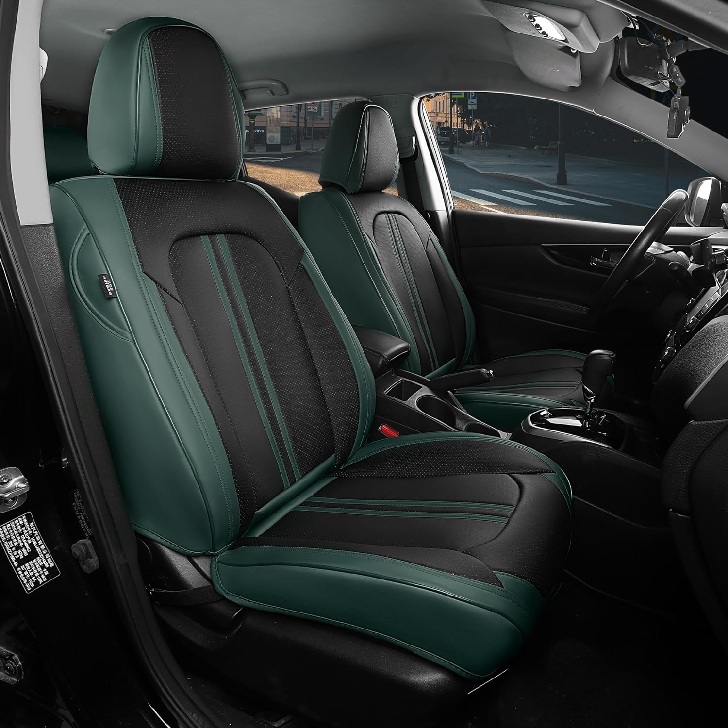 FREESOO Leather Car Seat Covers Full Set, Green Black Waterproof Seat Covers for Cars Trucks - B0D12N6QFN