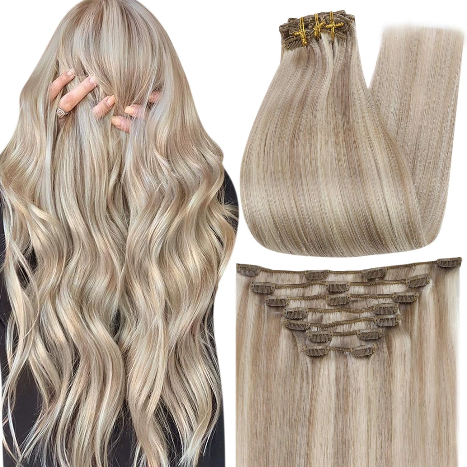 Full Shine Clip in Highlight Human Hair Ash Blonde Real Hair Clip in Extensions Blonde - B079K5ZR6V