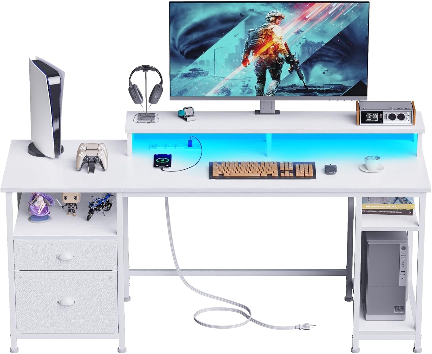 Furologee 61" Desk with LED Light & Power Outlets, Reversible Computer Table with File Cabinet - B0C9PL8P1X