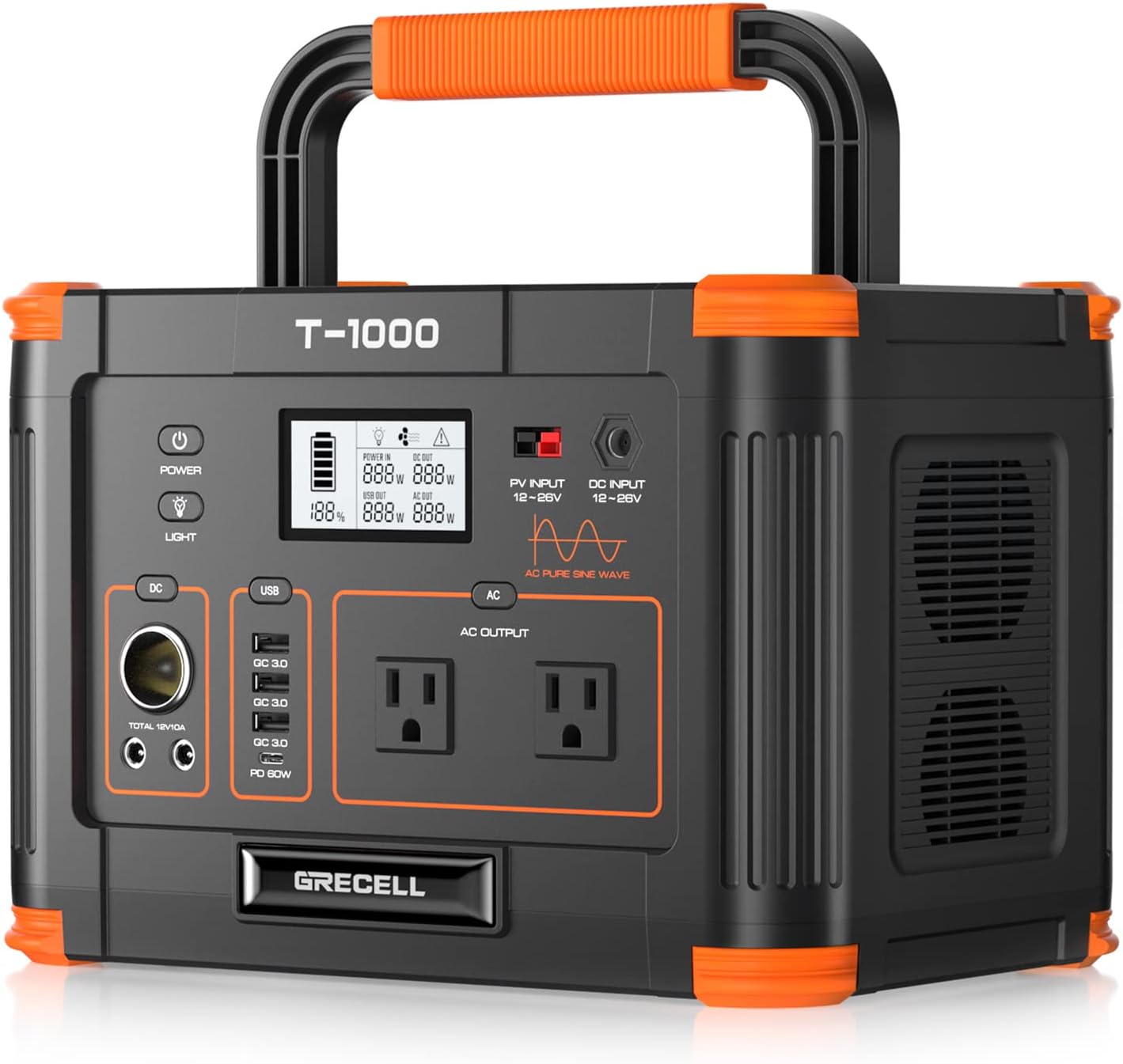 GRECELL 999Wh Solar Generator 1000W, Portable Power Station with 60W USB-C PD Output, 110V Pure - B0BBGB594W