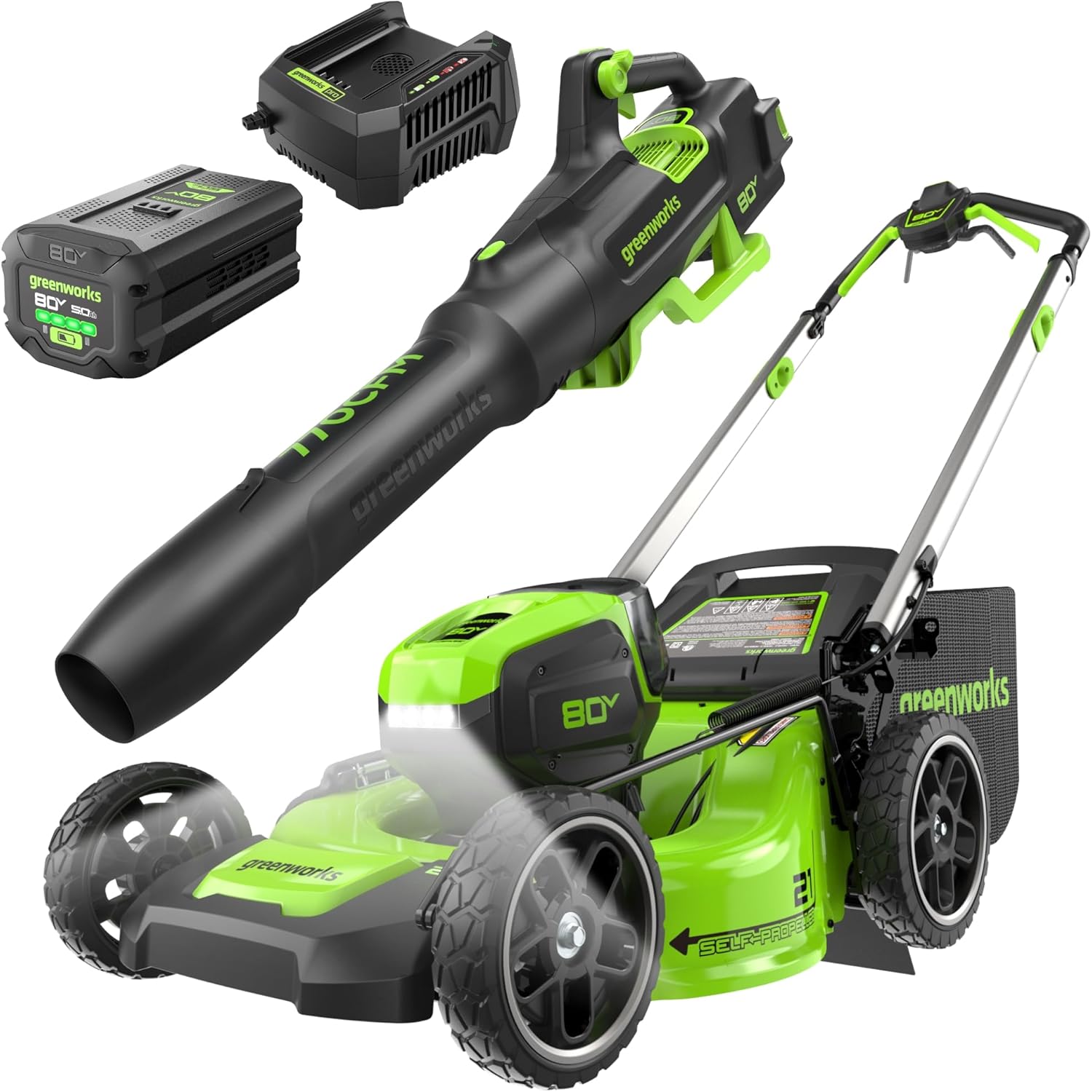 Greenworks 80V 21" Self-Propelled Lawn Mower + Blower (Gen 2), 5.0Ah Battery - B0D3X3KQ47