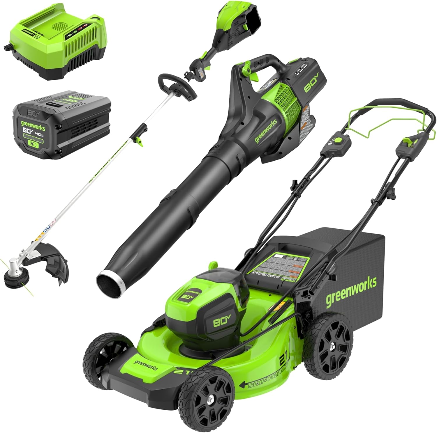 Greenworks 80V 21†Brushless (Self-Propelled) Cordless Electric Lawn Mower + (580 CFM) Axial Leaf Bl - B0CKG68ZXM