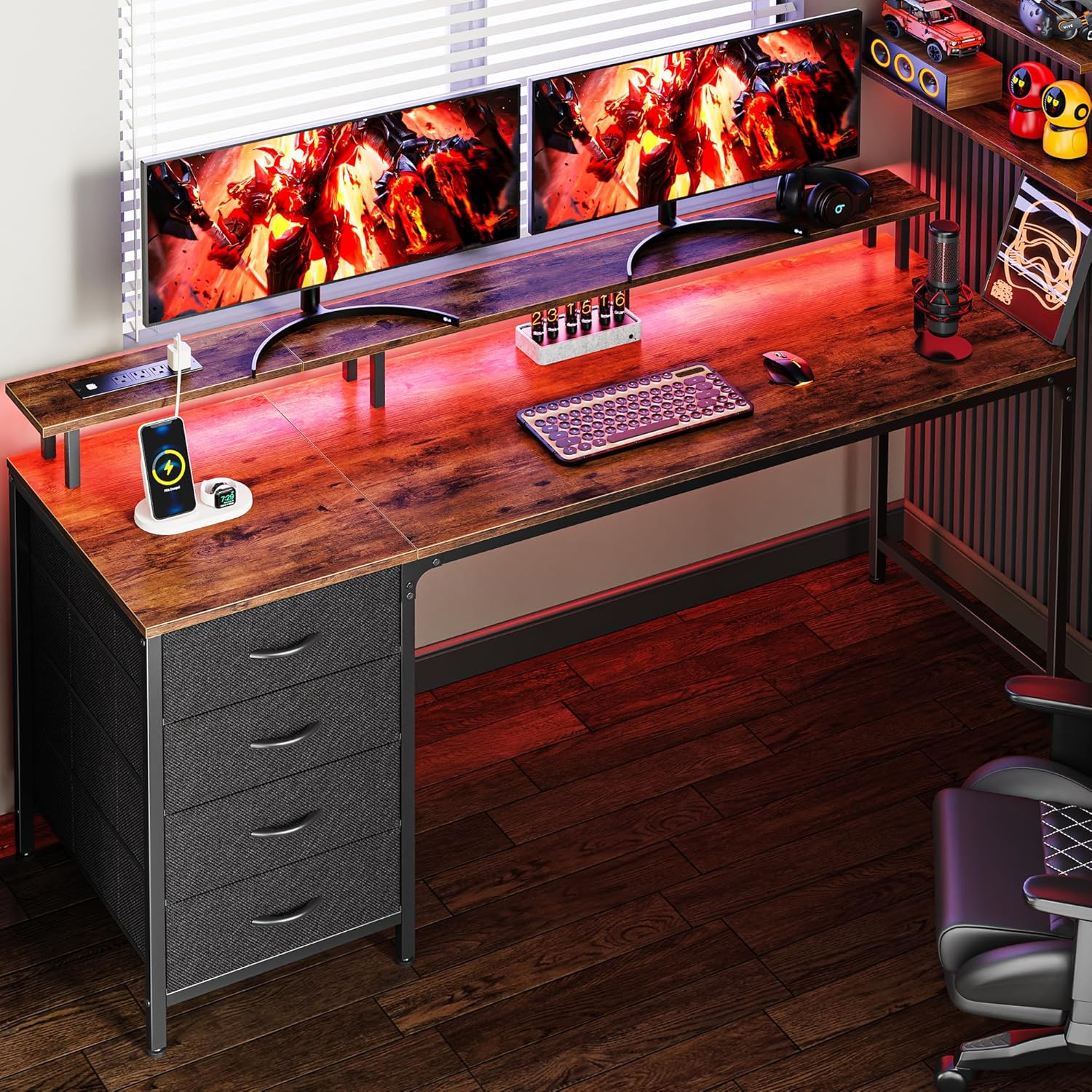 Huuger 63 Inch Rustic Brown Gaming & Office Computer Desk with 4 Drawers, Monitor Stand, - B0CQSYWVNF