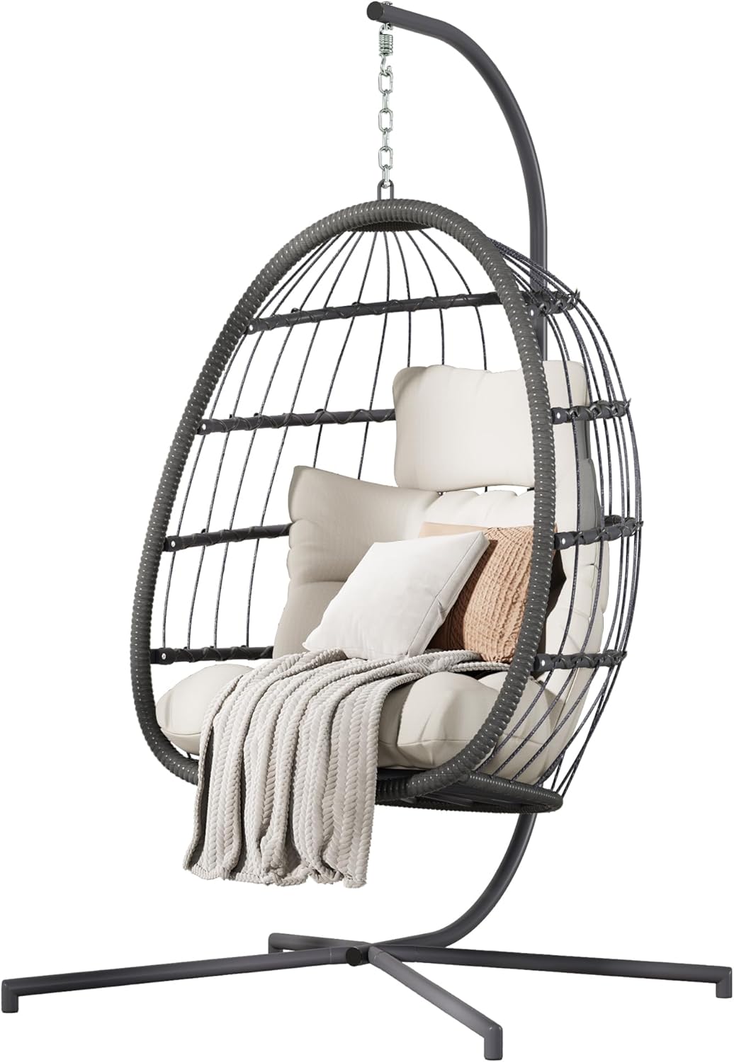HWB Hanging Egg Chair with Stand, Patio Wicker Hammock Egg Swing Chair with Cushion for - B0CV7WN7KF