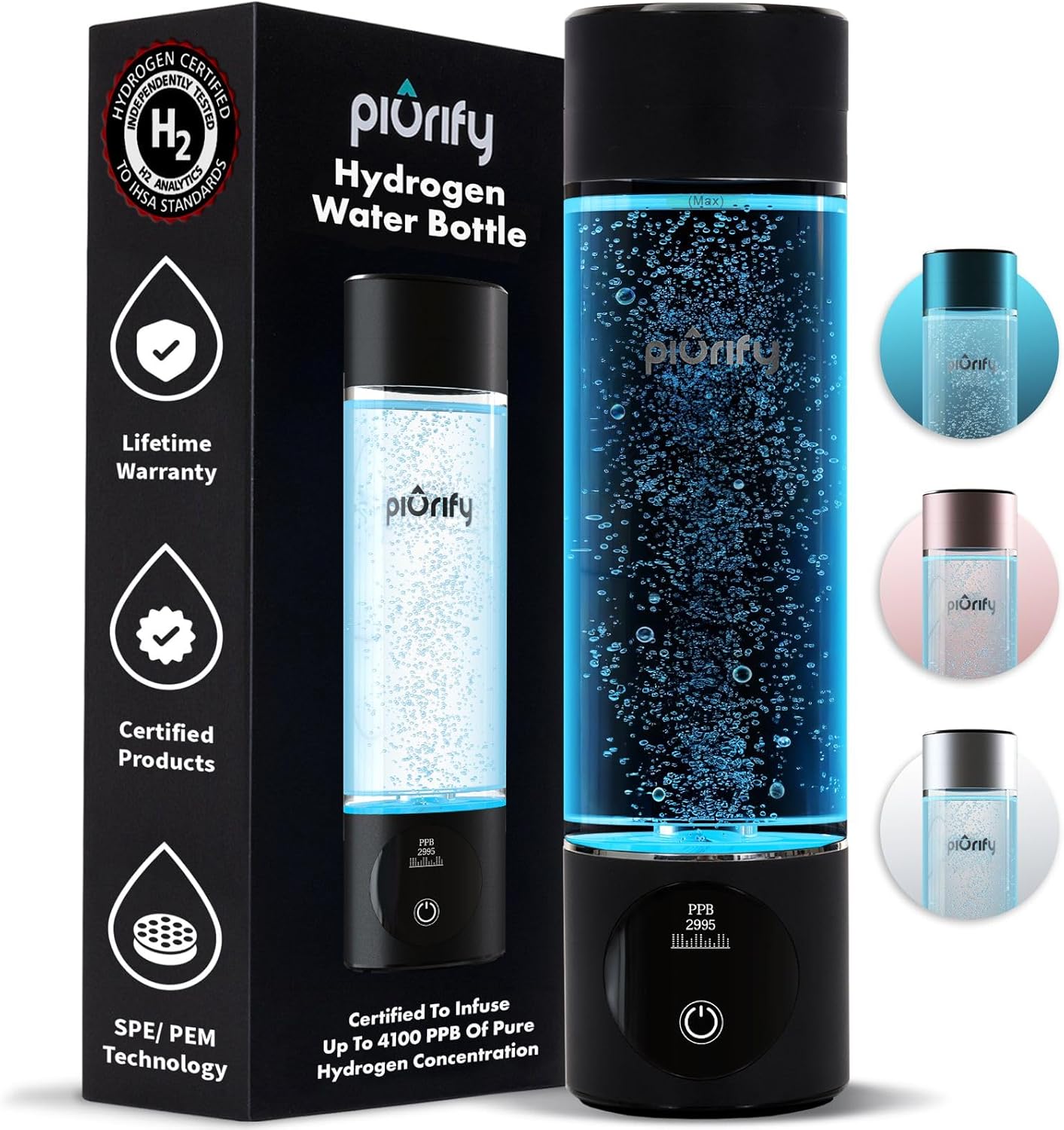 Hydrogen Water Bottle Generator - Up to 4100+ PPB Concentration - SPE/PEM Technology - Certified - B0BYGGZ24K