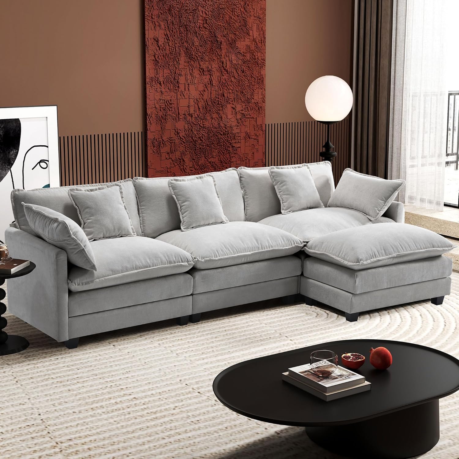 Ihanherry 111.4" L Shaped Modern Sofa Modular Sectional Cloud Couch with Ottoman, 4-Seat Chenille De - B0DJVCX7Y6