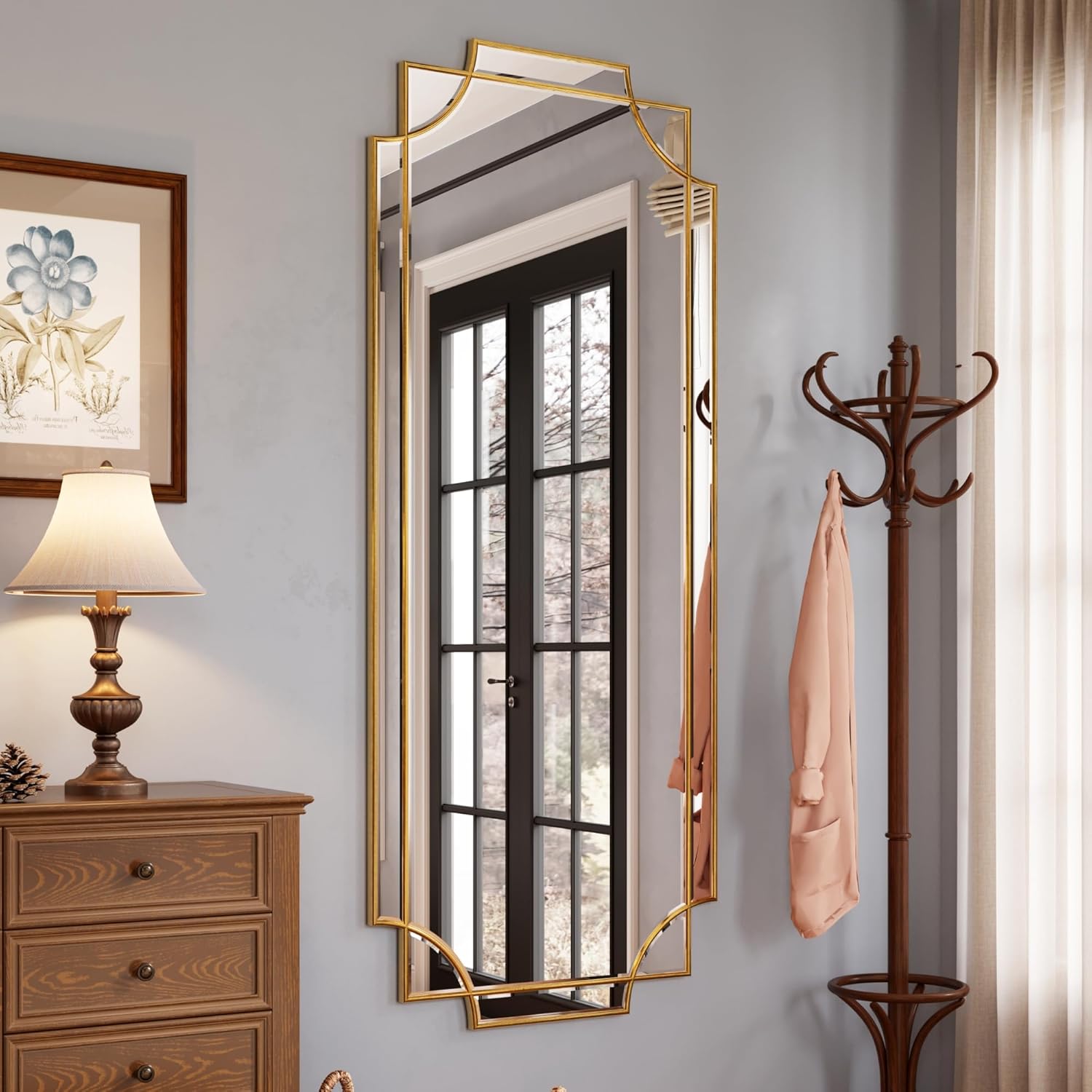 Kelly Miller Large Gold Full Length Mirror for Wall, 60"x30" Full Body Mirror Beveled Scalloped - B0CZ6Y745Y