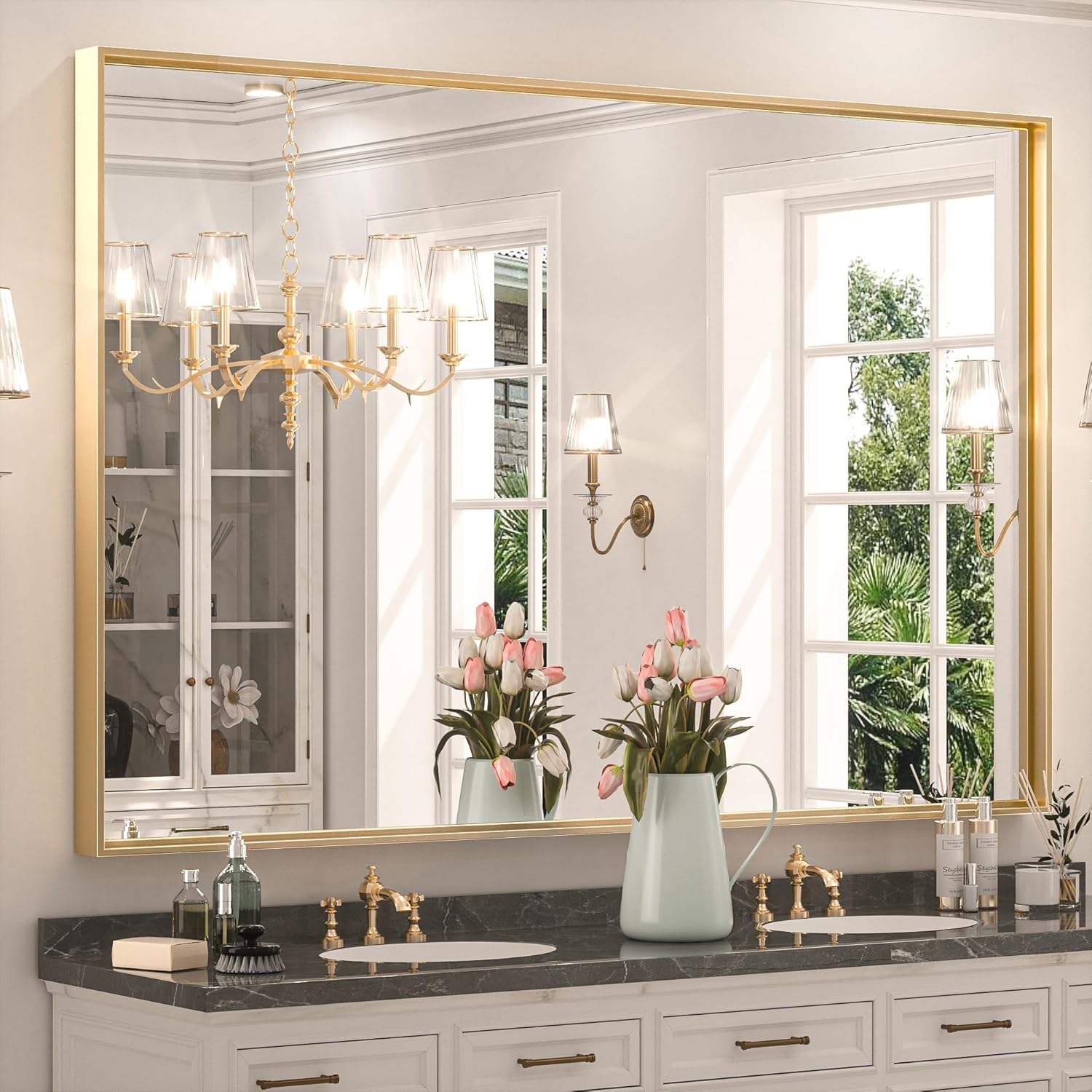 Keonjinn Brushed Gold 55 x 36 Inch Rectangle Wall Mirror, Large Metal Frame, Deep Set - B0BGH3K7GZ