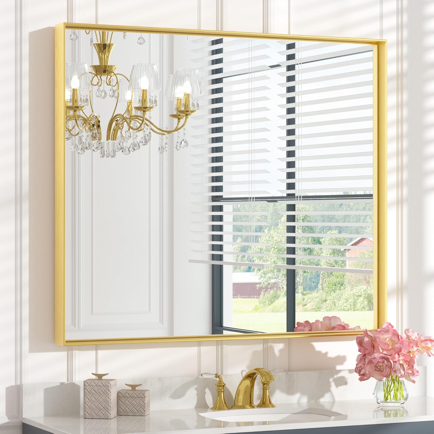 Keonjinn Brushed Gold Bathroom Mirror 42 x 36 Inch Metal Frame Rectangular Large Wall Mirror - B0CD28K1WF
