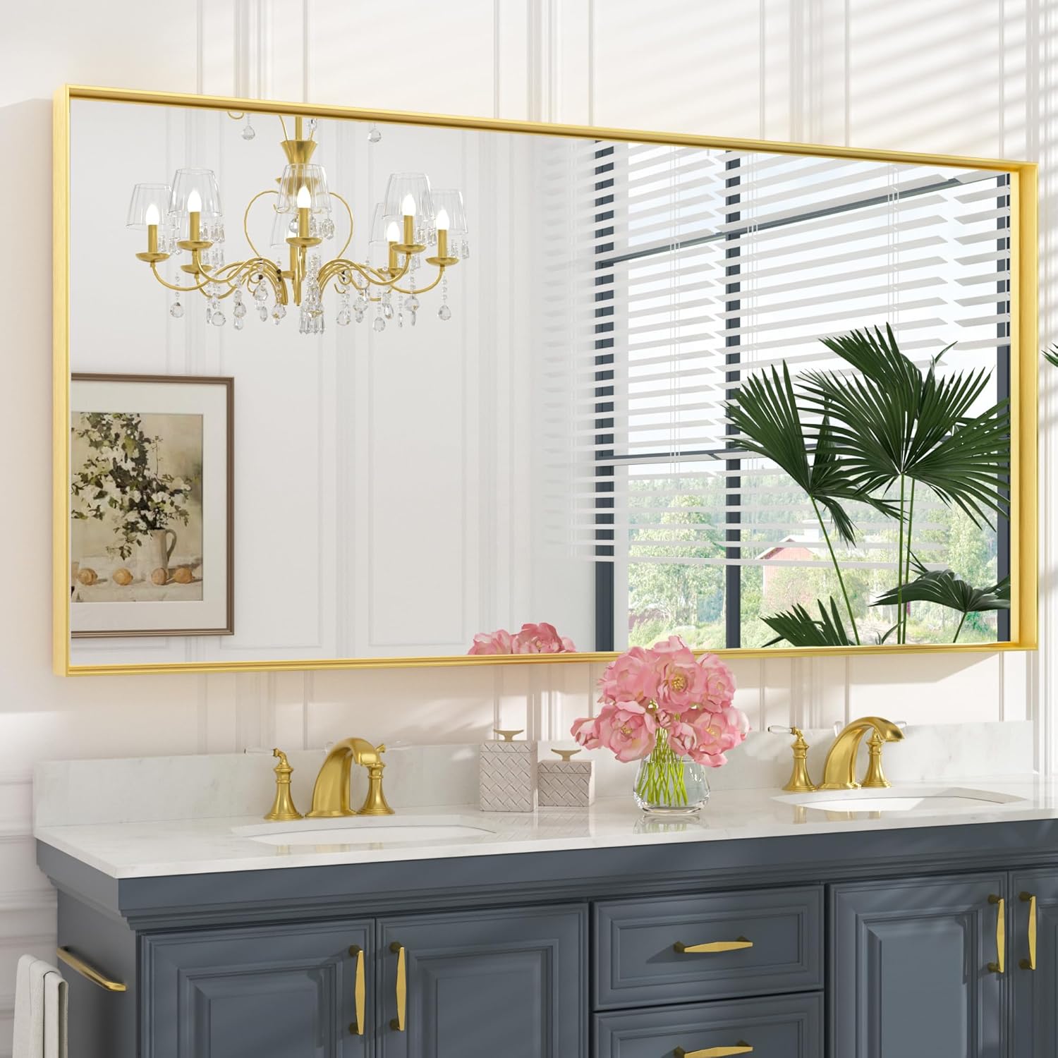 Keonjinn Gold Bathroom Mirror 72â€ x 36â€, Brushed Gold Wall Vanity Mirror, Oversized, Large, Square - B0BGH2T3L7