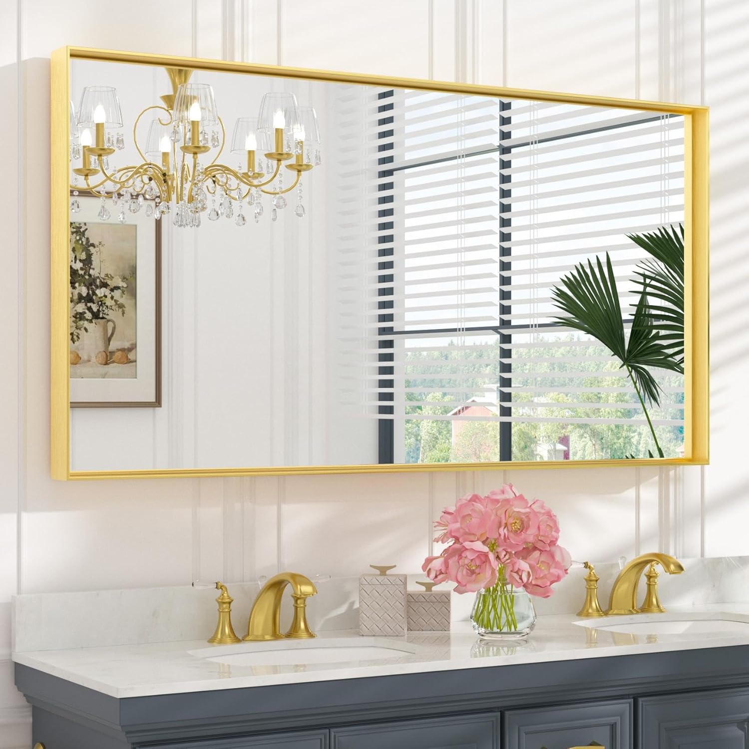 Keonjinn Gold Bathroom Vanity Mirror - 55' x 30' Rectangle, Metal Framed, Brushed Gold, Modern - B0CD284RSW