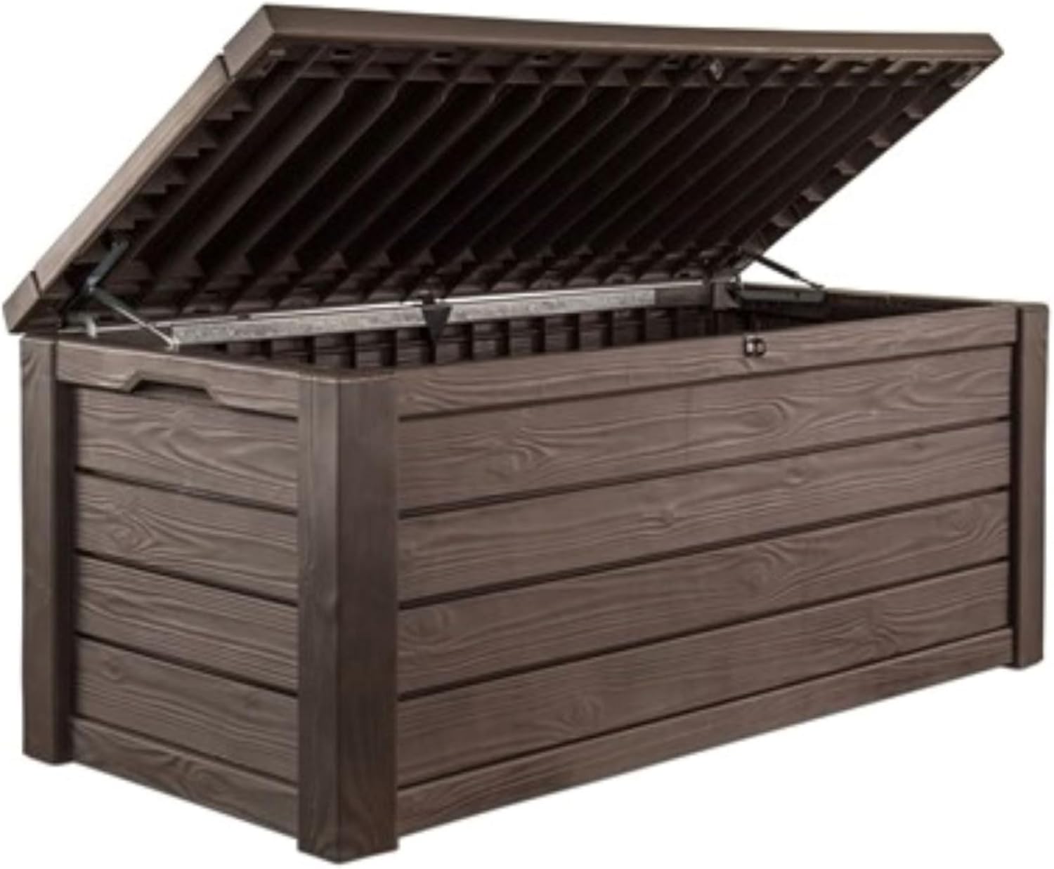 Keter Outdoor Storage Deck Box, 150 Gallon Resin Patio Bin & Bench, Wood Grain, Brown - B01HDPY7RG