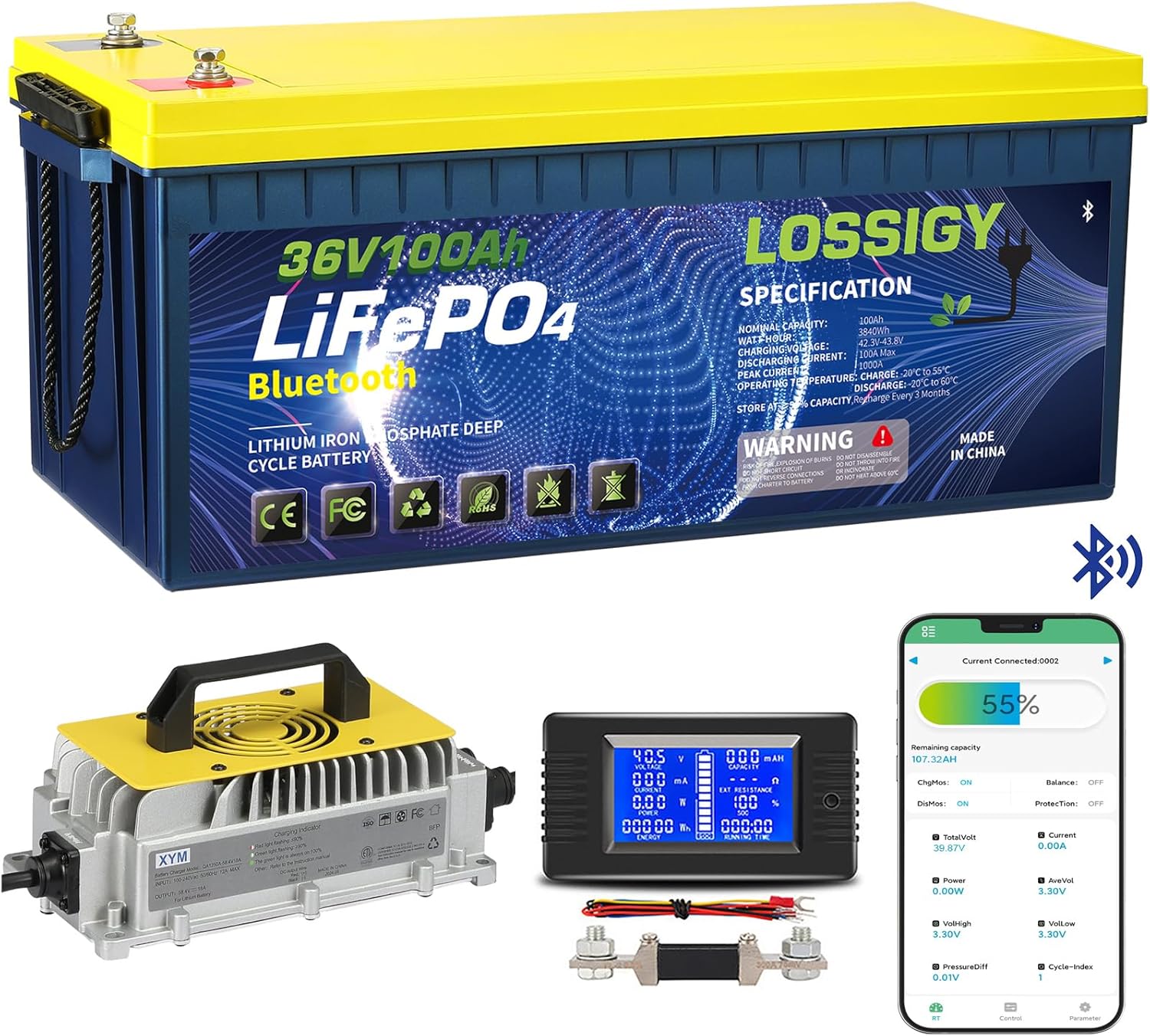 LOSSIGY 36V 100AH Golf Cart Lifepo4 Battery with 36 volt 25A Lithium Charger, Prefect for - B0DK4PYH2S