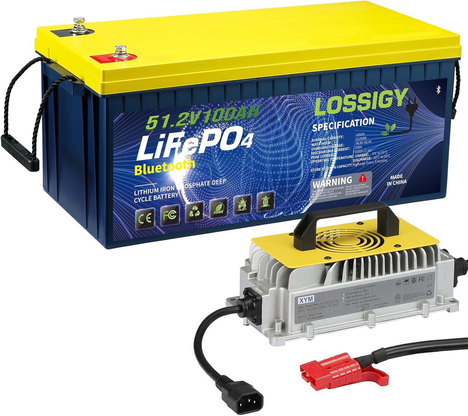 LOSSIGY 48V 100AH Golf Cart LiFePO4 Battery with 48 Volt 18A Lithium Charger, Prefect for - B0C5HWVV9X