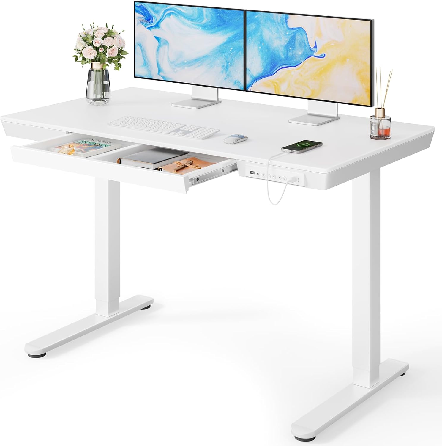 Marsail Standing Desk with Drawer, 48 x 24 inch Whole Piece Tabletop Electric Standing Desk, - B0CHMH4GQW