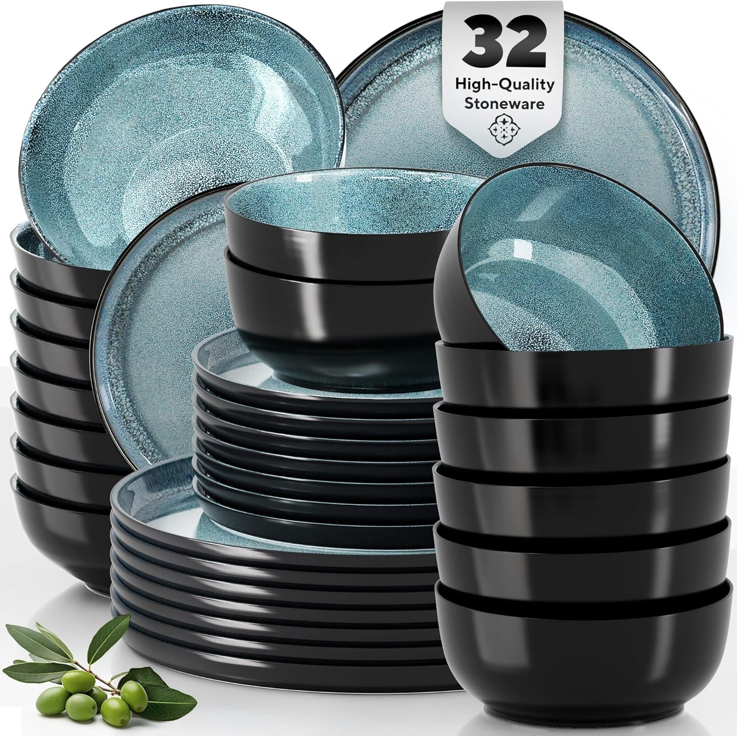 Matte Black Dinnerware Set - Ultra Chic Black Stoneware Dinnerware Sets for 8-32 pcs. Matte - B0CZK17PSZ