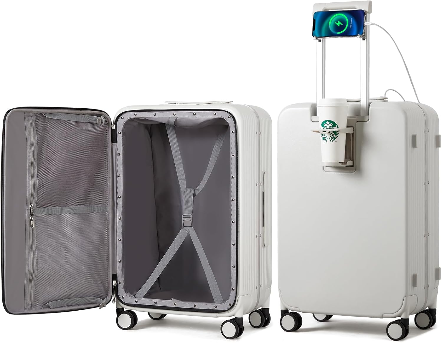mixi Checked Luggage with Cup Phone Holder and Charger Hard Shell Suitcases with Spinner Wheels, - B0CJHMH22Z