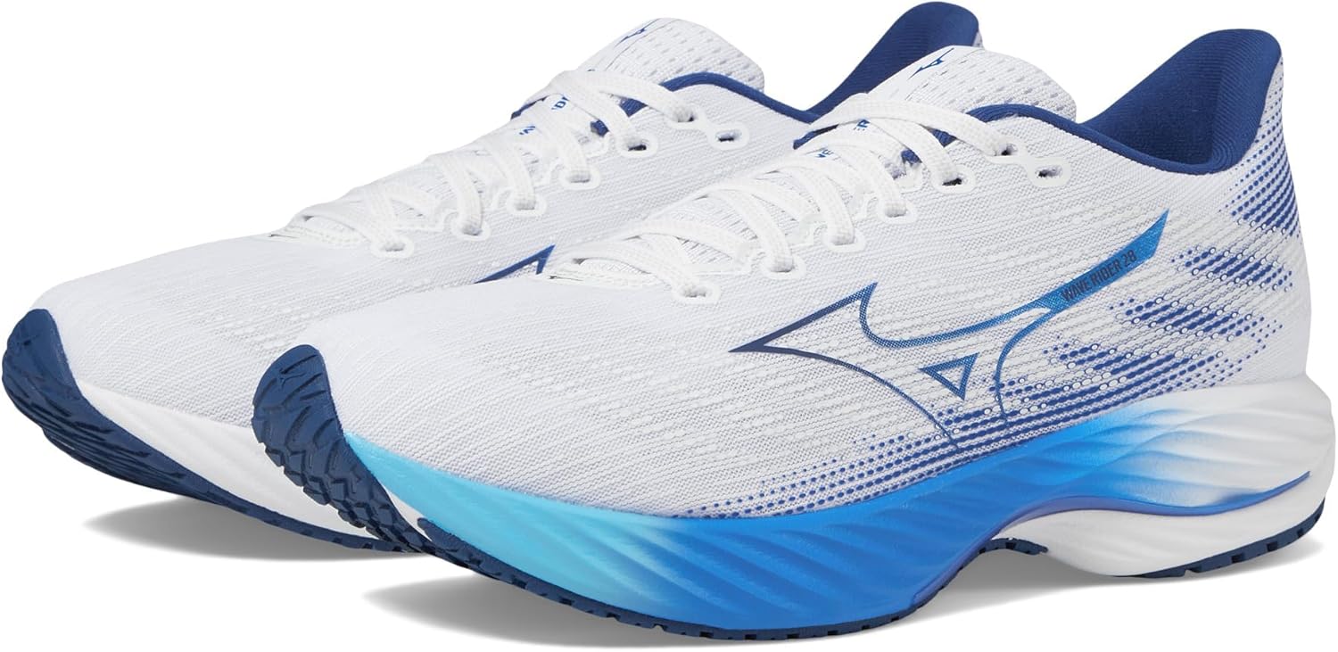 Mizuno Mens Wave Rider 28 Running Shoe, White-Estate Blue, 12.5 - B0CM42FMC6