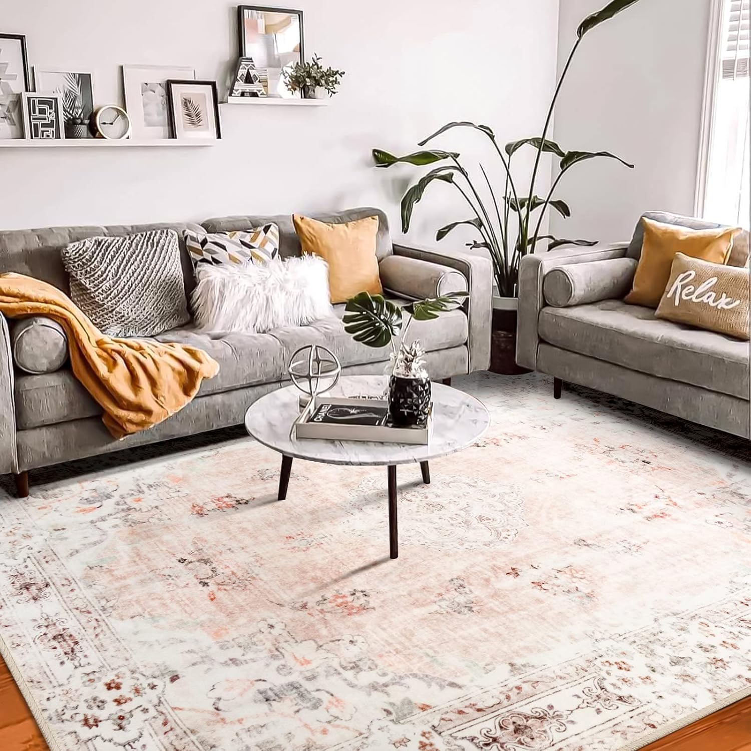 MUJOO Pink Rug 8'x10' Area Rugs for Living Room Washable Large Boho Rug for Bedroom - B0B9BN4SHV
