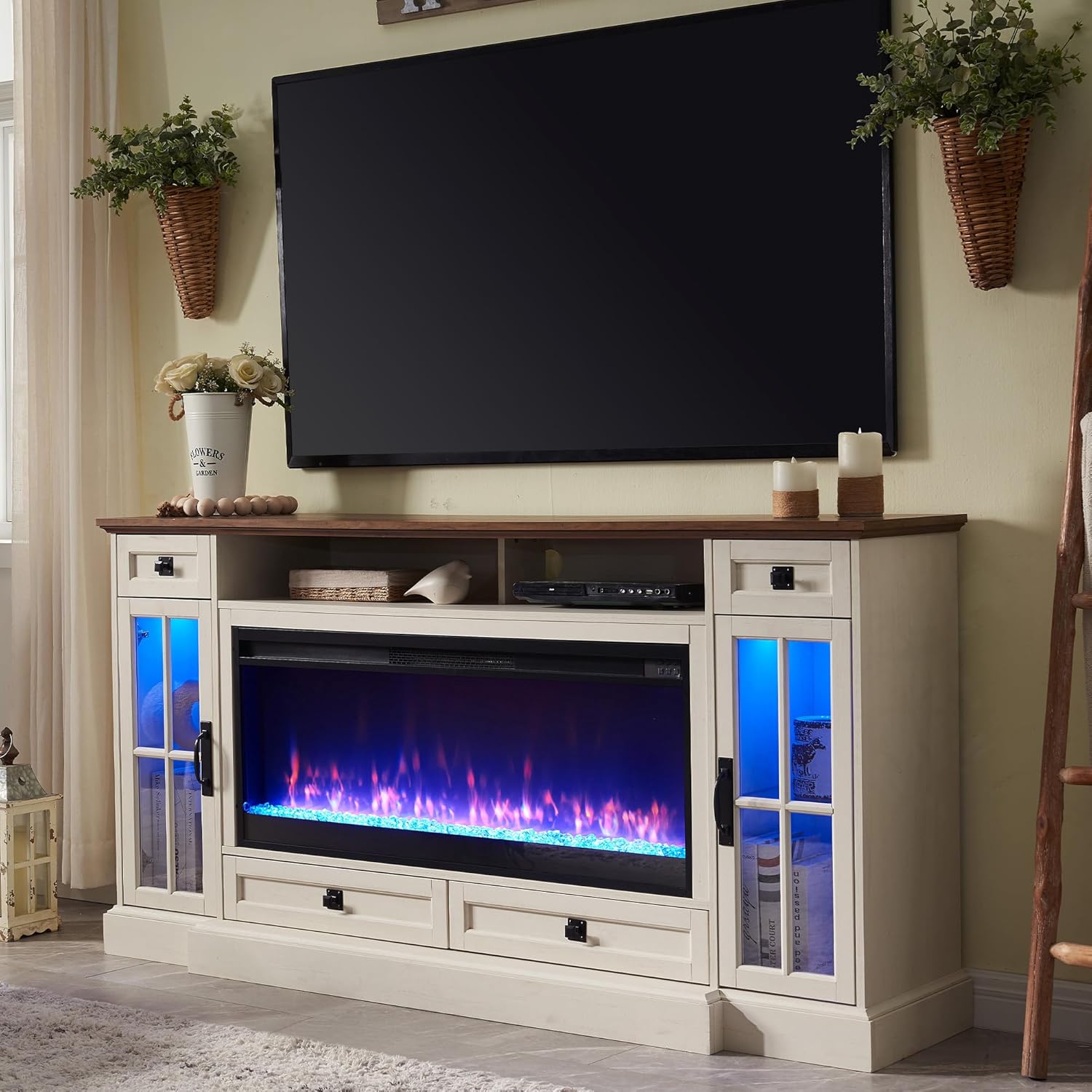 OKD Fireplace TV Stand for 80 Inch TV, Farmhouse Entertainment Center with 42" Fireplace & - B0CDD4CJ15