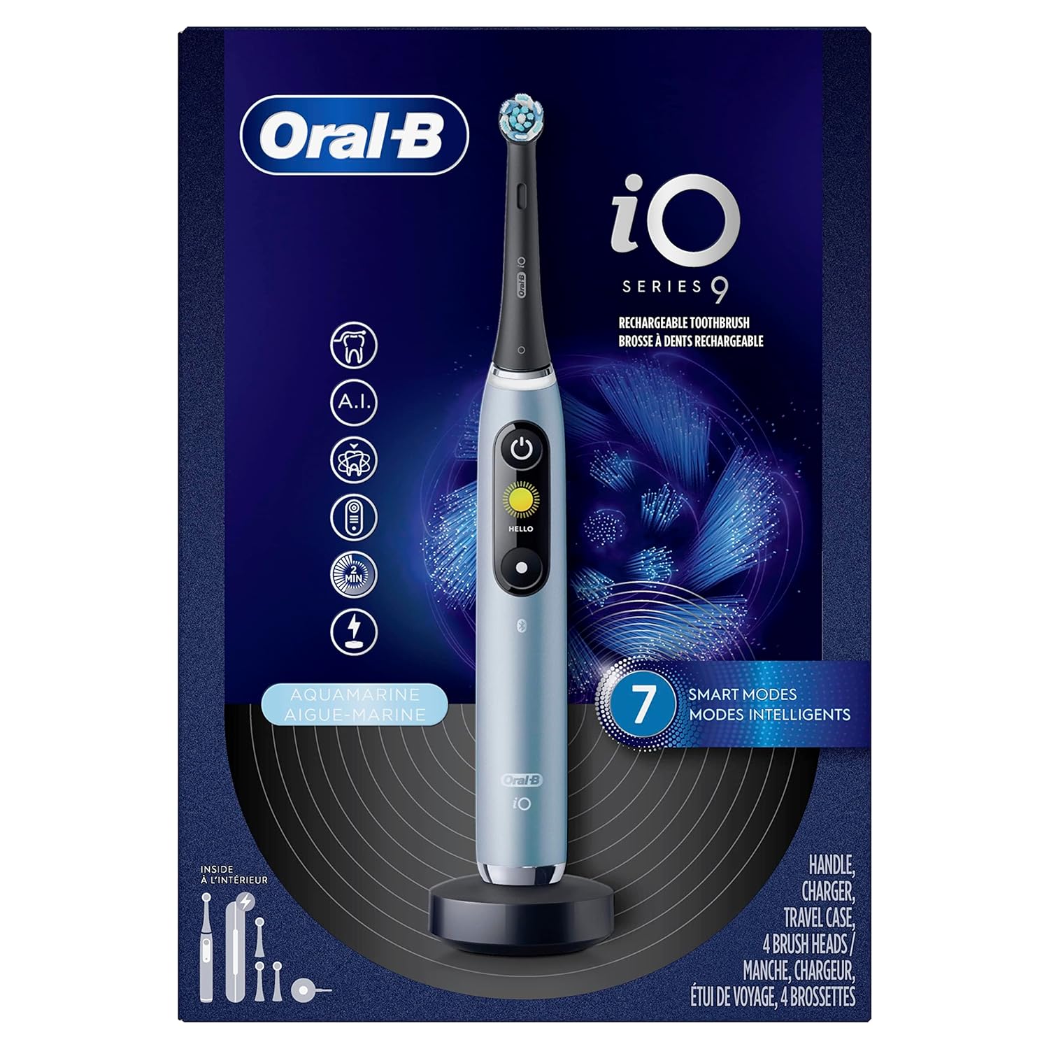 Oral-B iO Series 9 Electric Toothbrush with 4 Brush Heads, Aqua Alabaster - B0B5HSNPNH