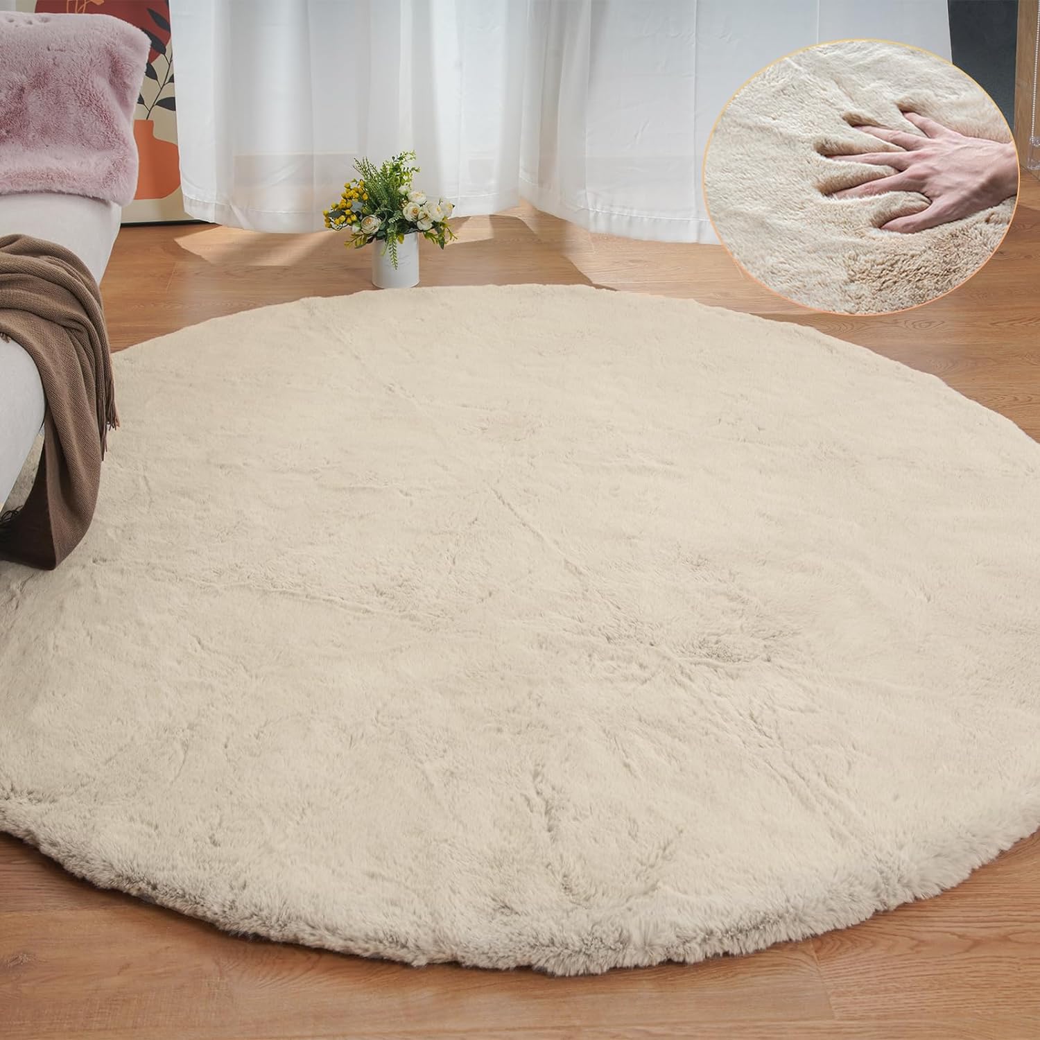 ORINOVA Round Rugs 8ft Shag Washable Fluffy Area Rugs for Bedroom Light Brown Beige Large - B0BZX7PPFC
