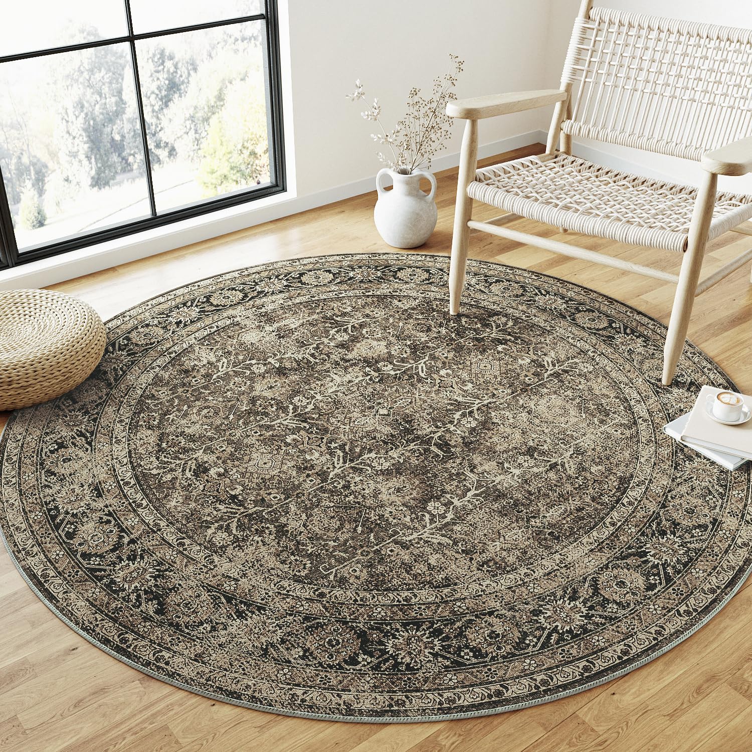PureCozy Brown Round Area Rug 8ft Washable 8x8 Circle Vintage Low Pile Indoor Large Kitchen - B0D22Z33KR