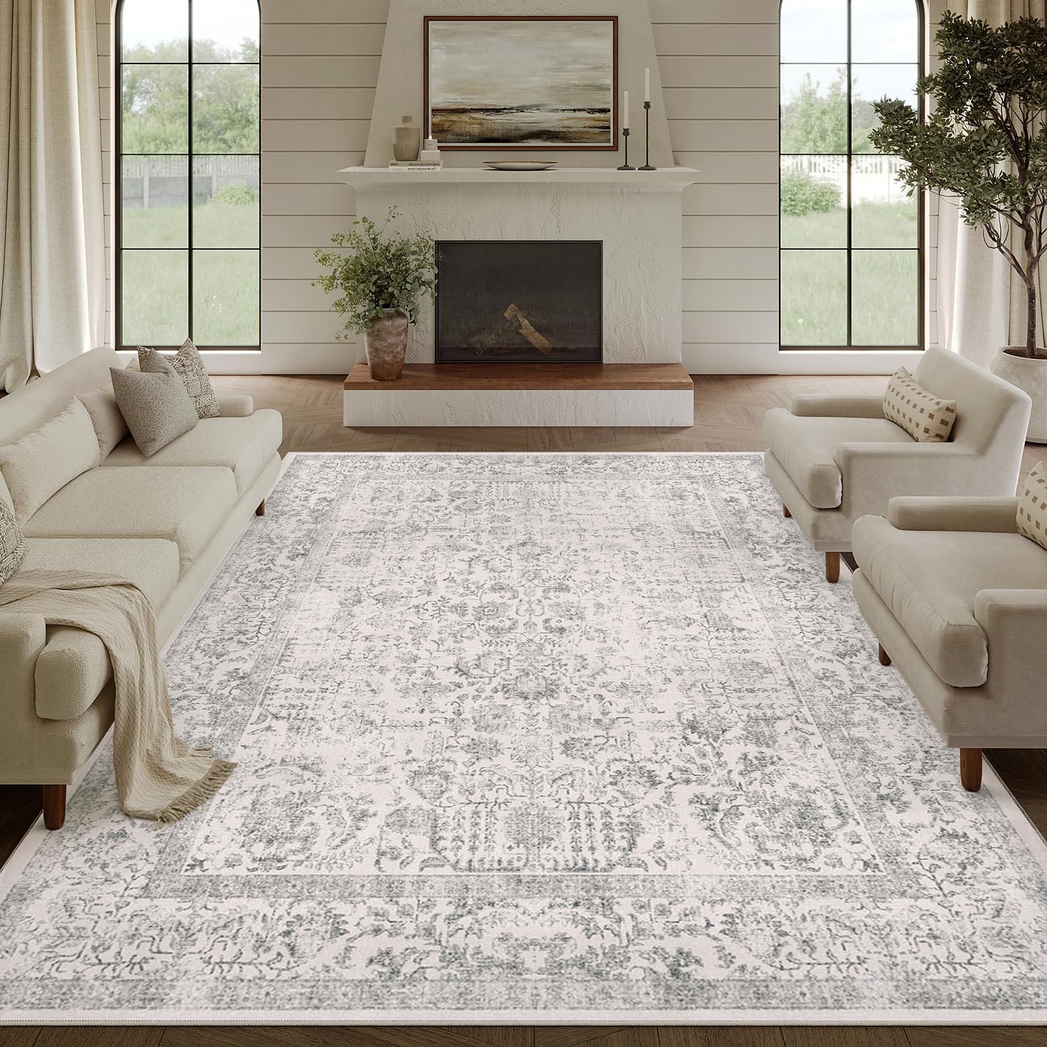 PureCozy Gray Area Rug 8x10 Machine Washable Large Vintage Living Room Distressed Non Slip Carpet - B0CPHR2RC8