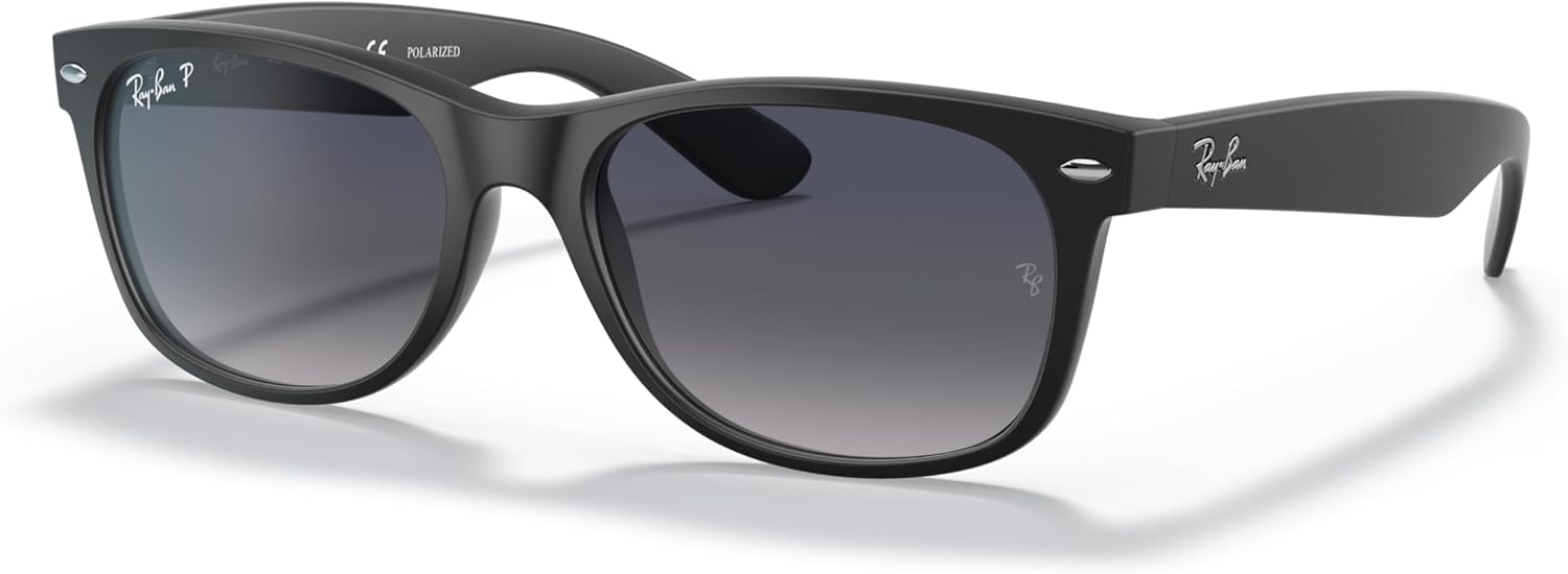 Ray-Ban RB2132 New Wayfarer Square Sunglasses, Matte Black/Polarized Blue Gradient Grey, 55 mm - B0096M7R4A