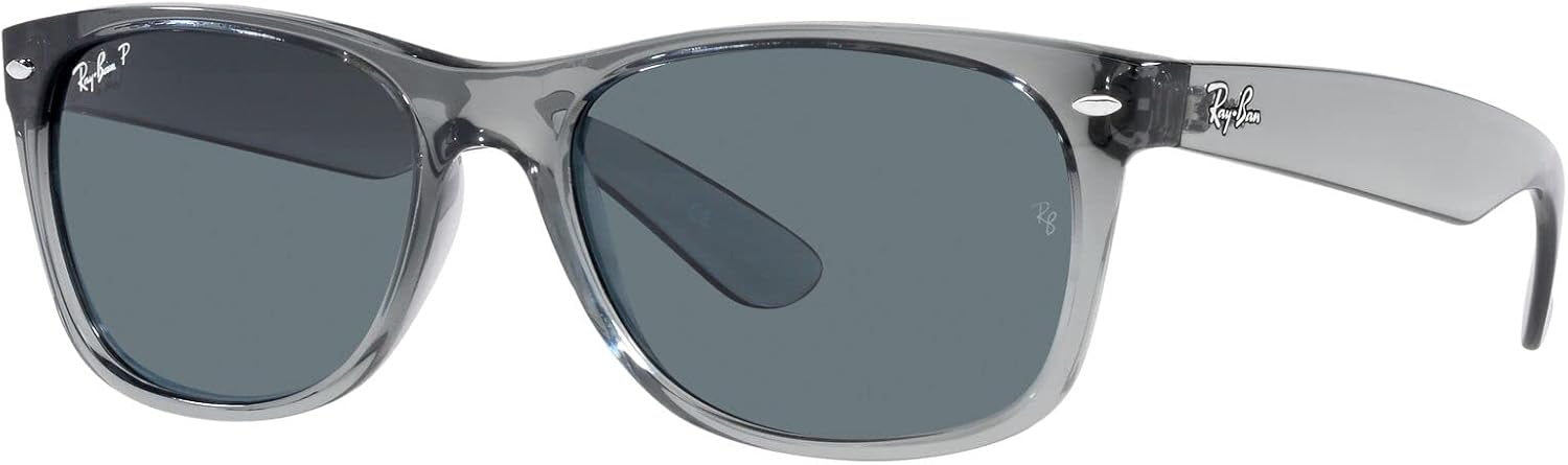 Ray-Ban RB2132 New Wayfarer Square Sunglasses, Transparent Grey/Dark Blue Polarized, 58 mm - B09TNGVWBT