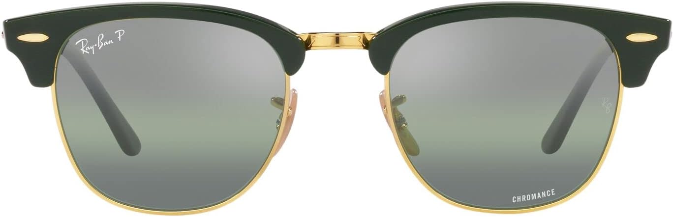 Ray-Ban RB3016 Clubmaster Square Sunglasses, Green on Gold/Dark Green Mirrored Polarized, 51 mm - B0B9PC5LTN