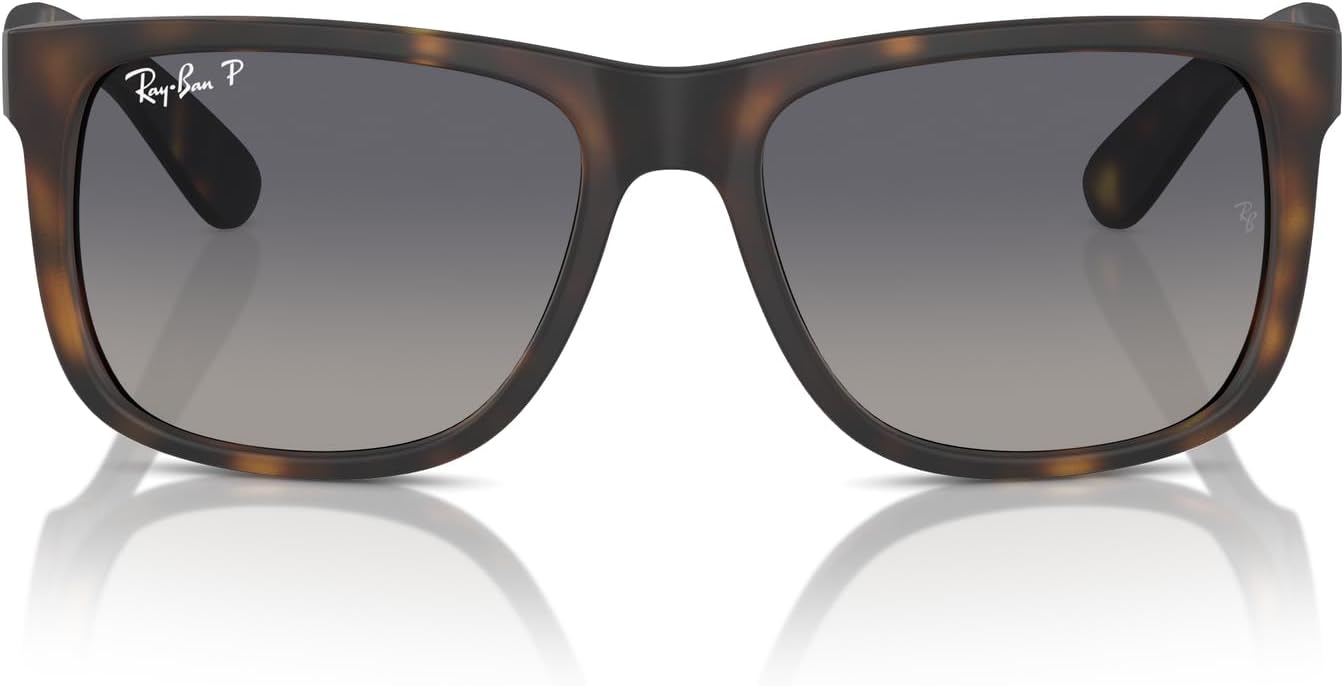 Ray-Ban RB4165 Justin Rectangular Sunglasses, Rubber Havana/Grey Gradient Blue Polarized, 55 mm - B0CTL1J2ZY