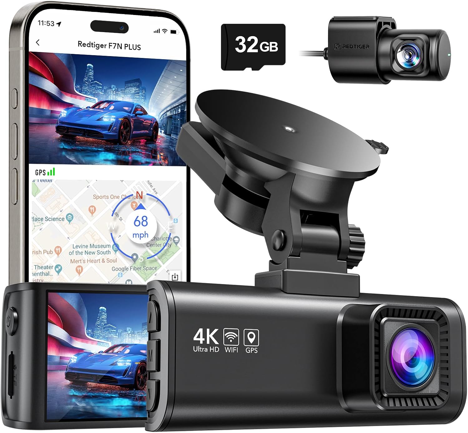 REDTIGER Dash Cam Front Rear, 4K/2.5K Full HD Dash Camera for Cars, Included 32GB Card, - B098WVKF19