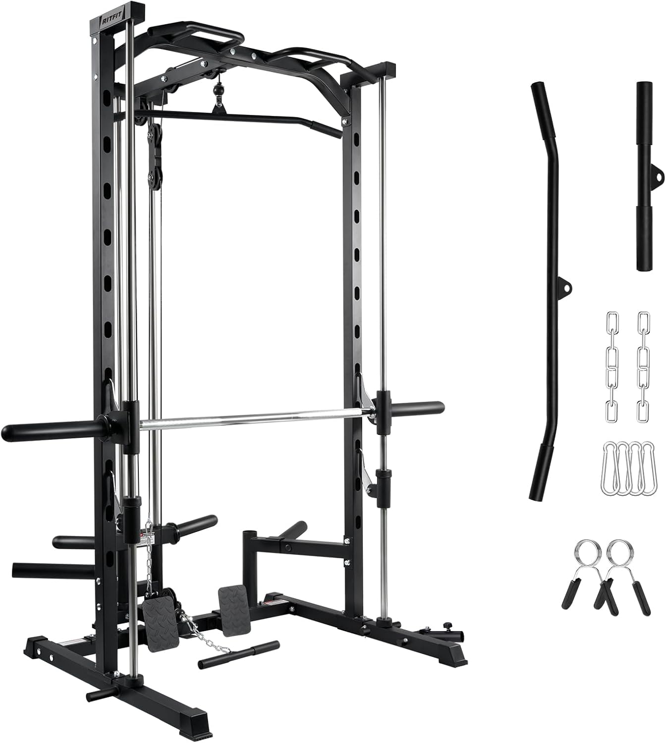 RitFit Smith Machine Power Rack with LAT-Pull Down System, Landmine, Barbell Bar, Plate Storage Pegs - B0CTJJC2GQ