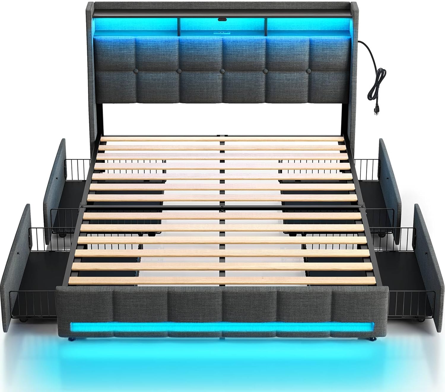 Rolanstar Queen Size Bed Frame with LED Lights and Charging Station, Upholstered Bed Storage Headboa - B0C283X93T