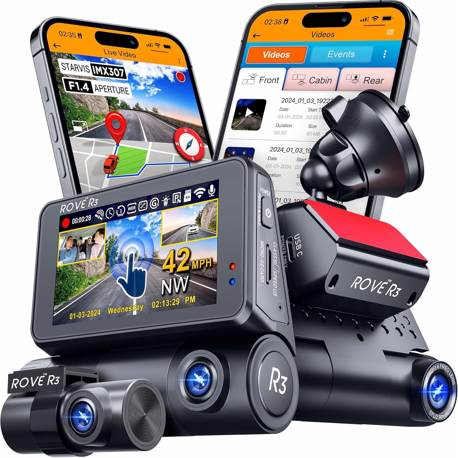 ROVE R3 Dash Cam Front and Rear with Cabin, 3â€ IPS Touch Screen, 3 Channel - B09WXX4DGM