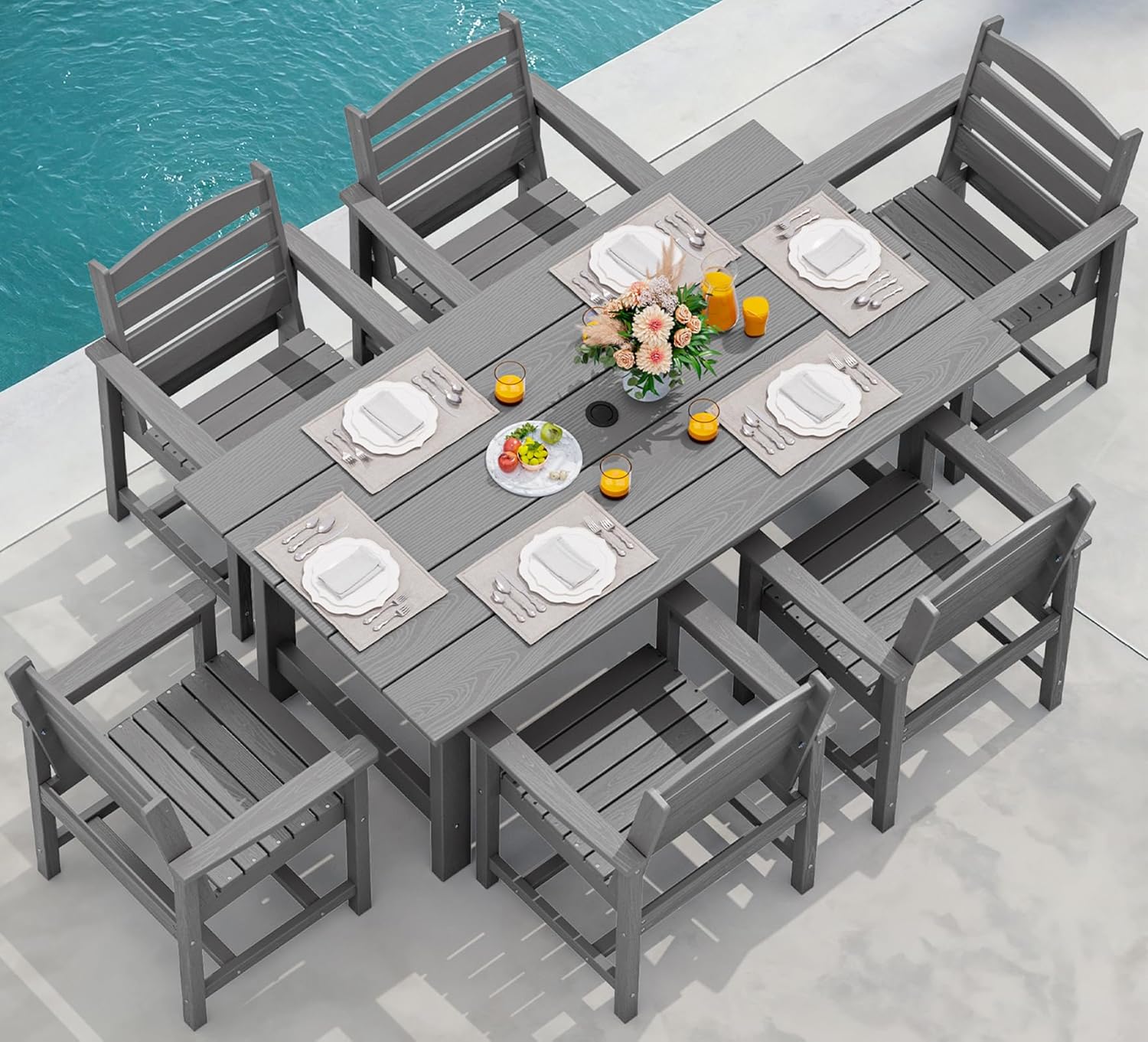 SERWALL Outdoor HDPE Dining Table Set, 7-Piece Outdoor Dining Table Sets with Umbrella Hole Cut-Out - B0CW9H27TS