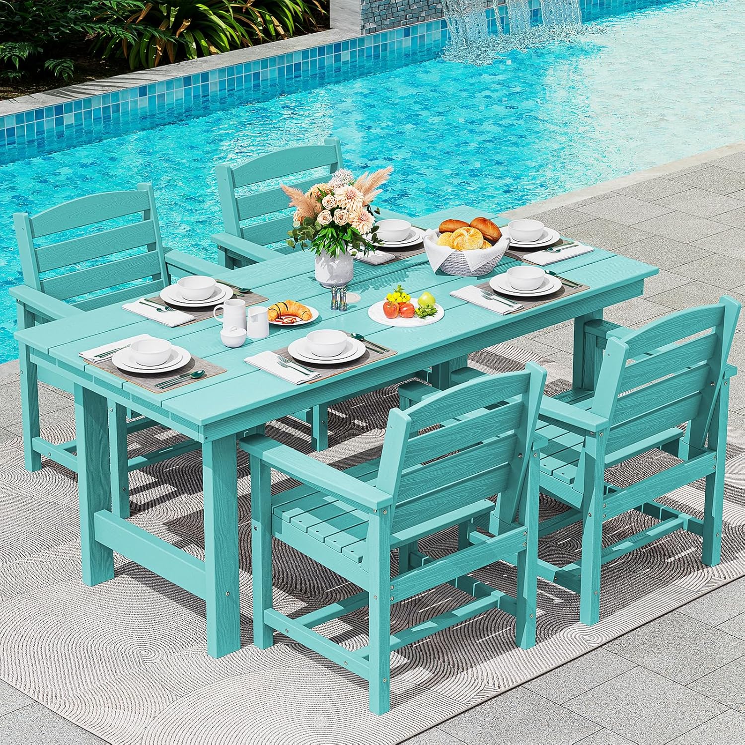 SERWALL Patio Table Set, 5-Piece Outdoor HDPE Furniture with Umbrella Hole, All Weather Dining Table - B0CN9BLZB6