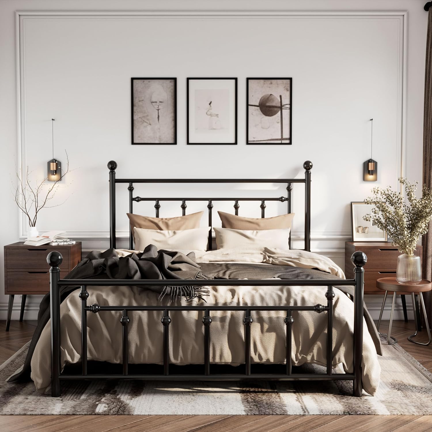 SHA CERLIN 14'' Full Size Metal Platform Bed Frame/Victorian Headboard and Footboard/Steel Slats Mat - B0CHDP3M9Z