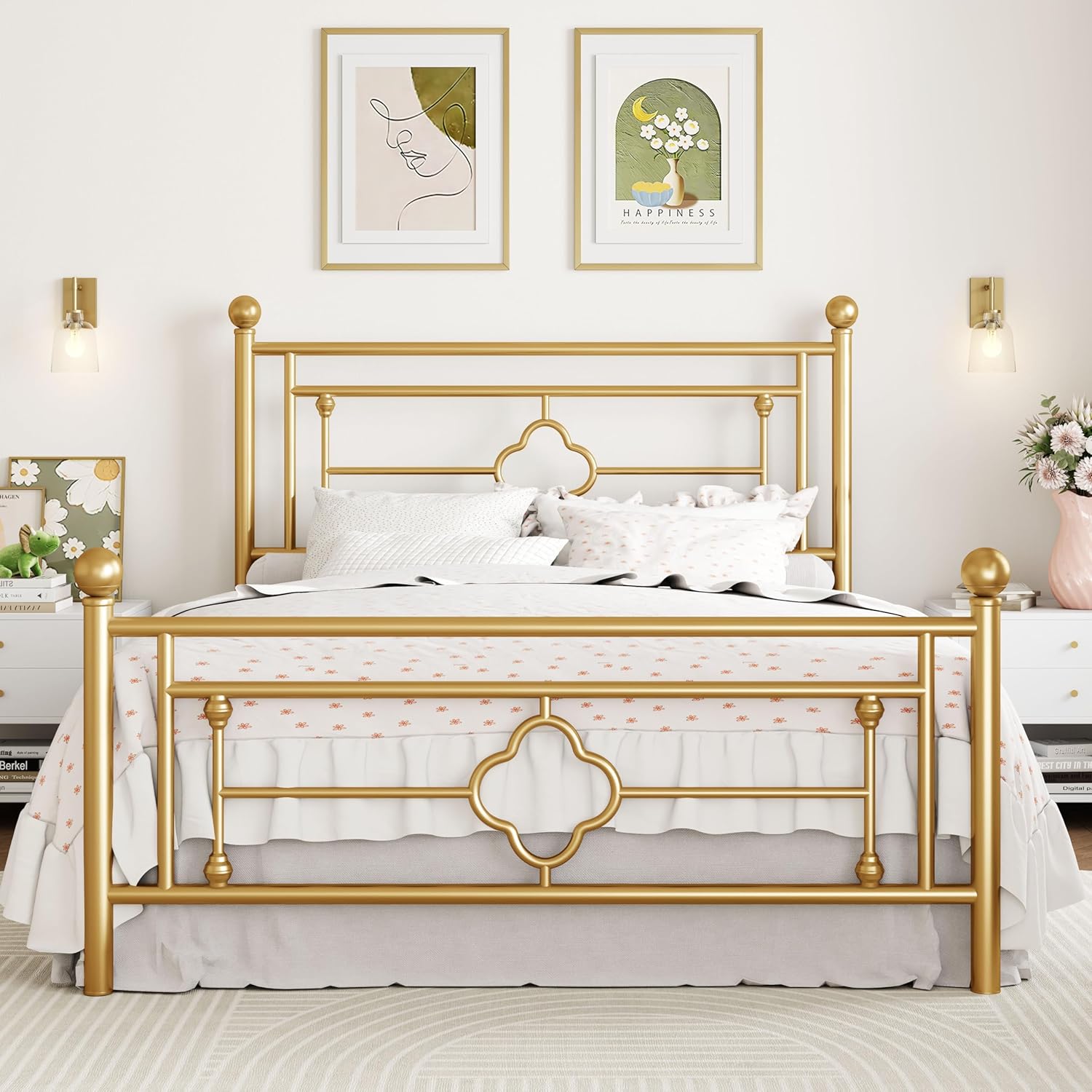SHA CERLIN 14 Inches Full Size Metal Platform Bed Frame/Vintage Iron-Art Headboard and Footboard/Mat - B0D2MT1WGQ