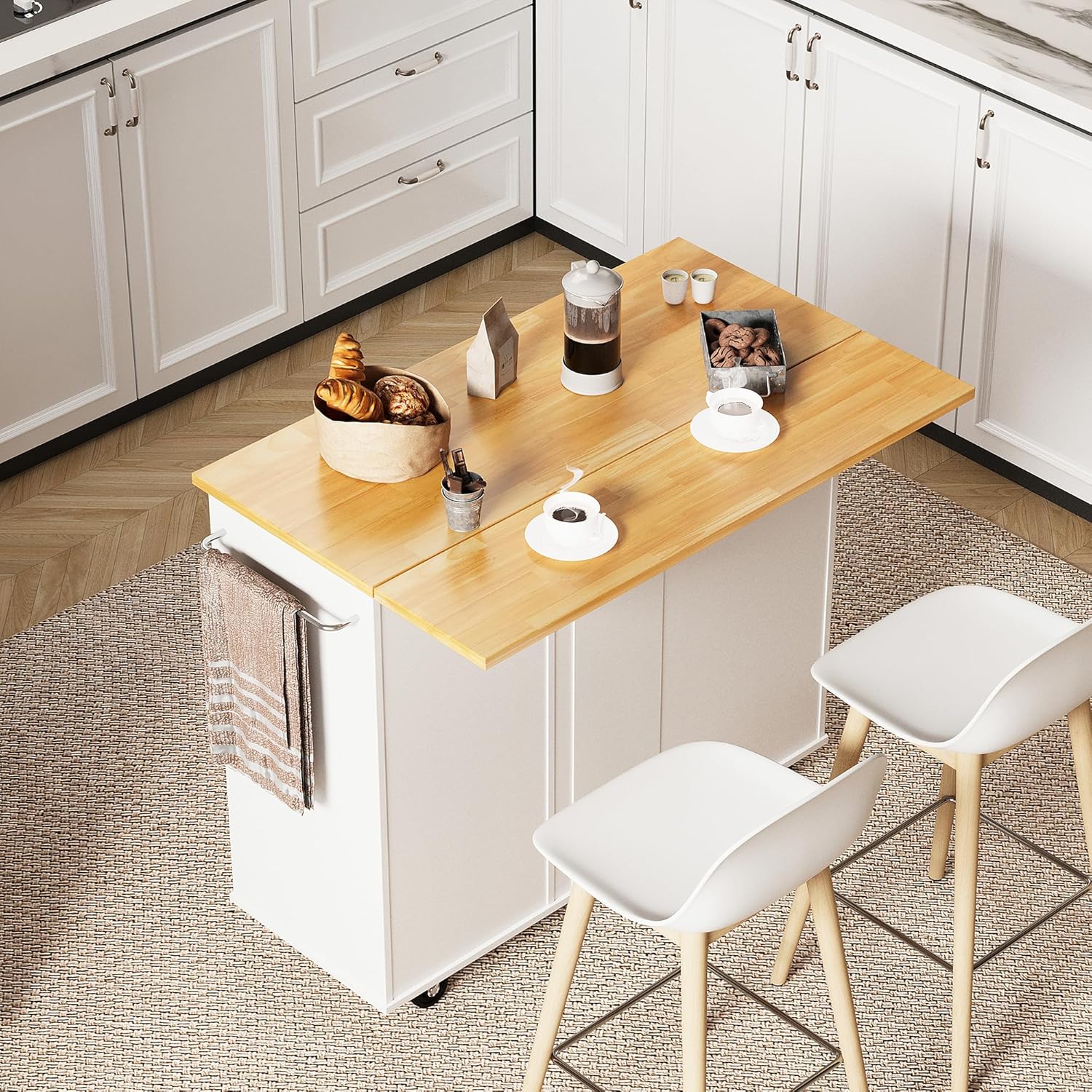 Shintenchi Rolling Kitchen Island Cart with Folding Drop Leaf Breakfast Bar, Portable Trolley Island - B0CXP3S2KX