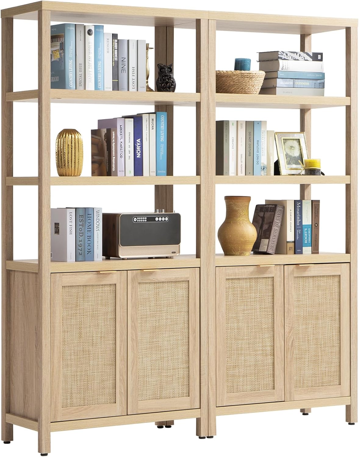 SICOTAS Bookshelf 5 Tier Book Shelf Rattan Boho 71" Tall Bookcase with Doors Storage Shelves - B0CDGX5H37