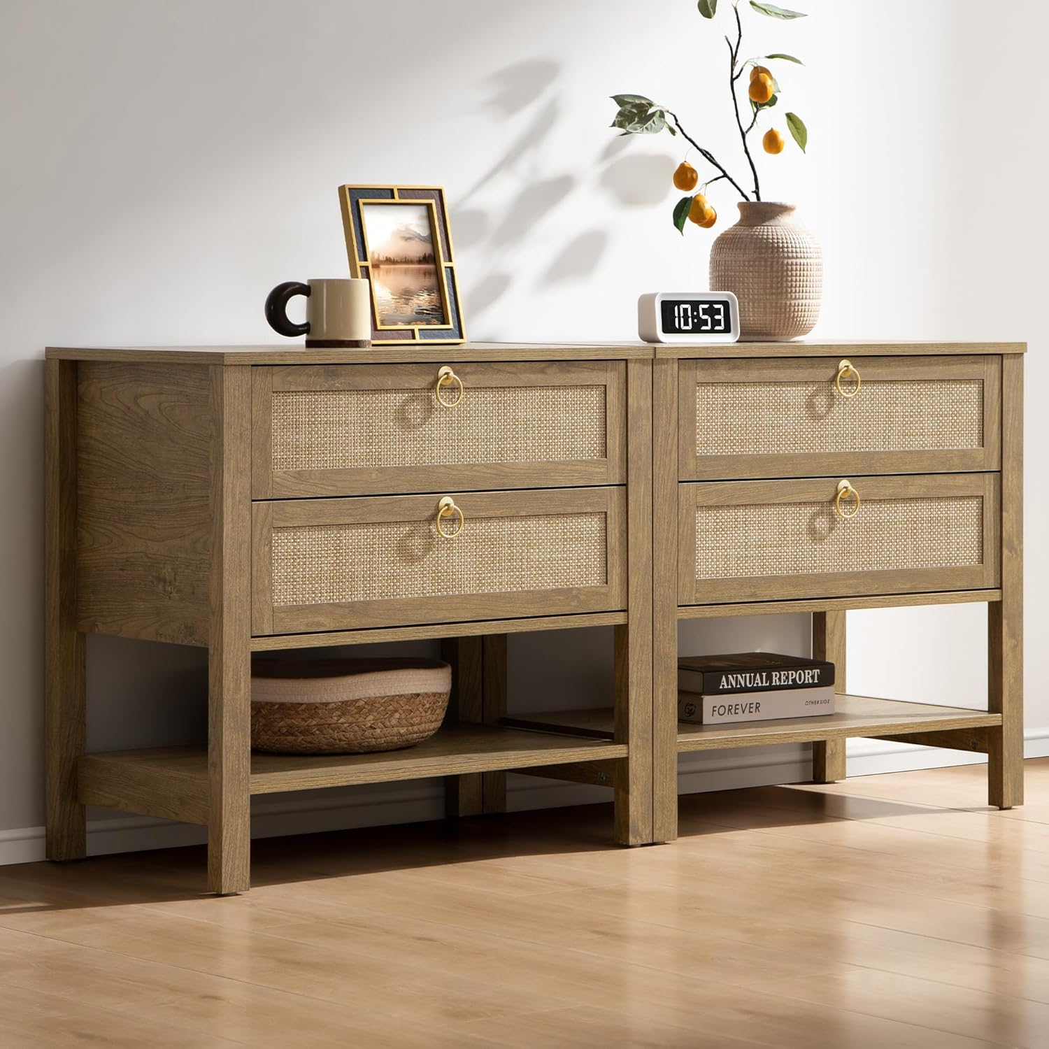 SICOTAS Night Stand Set of 2, Rattan Nightstand with Drawers and Storage Shelf - Boho - B0DHV8N9CS