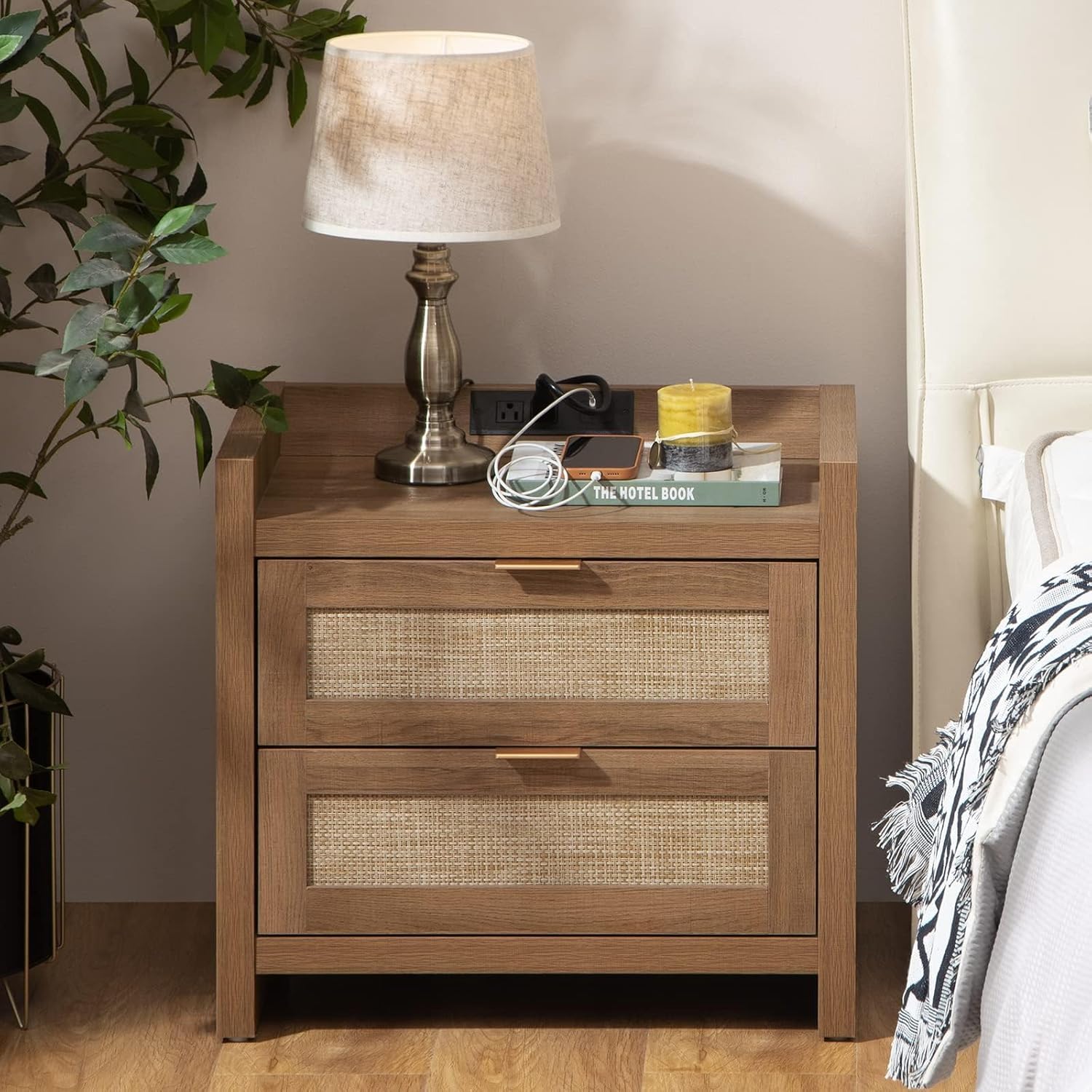 SICOTAS Rattan Nightstand End Table - Night Stand Bedside Table with Type-C Charging Station,2 Drawe - B0BWNBZL5Z