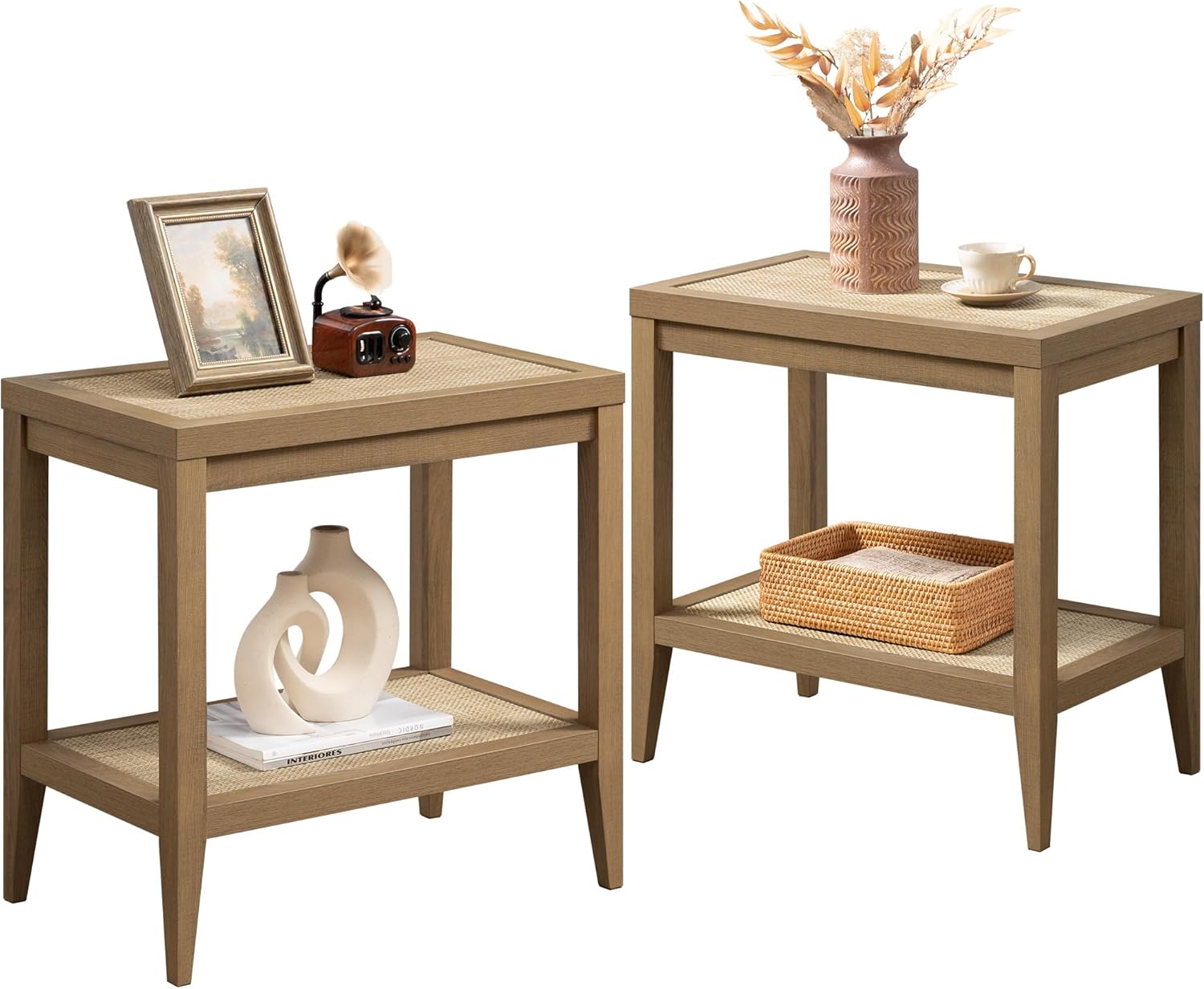 SICOTAS Rattan Nightstands Set of 2 Bedside Table - Boho Narrow End Table Living Room - B0BS9L23Z2