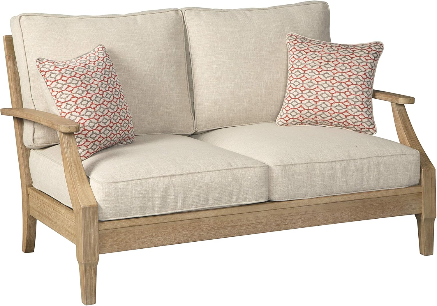 Signature Design by Ashley Clare View Coastal Outdoor Patio Eucalyptus Loveseat with Cushions, Beige - B07KQN1K82